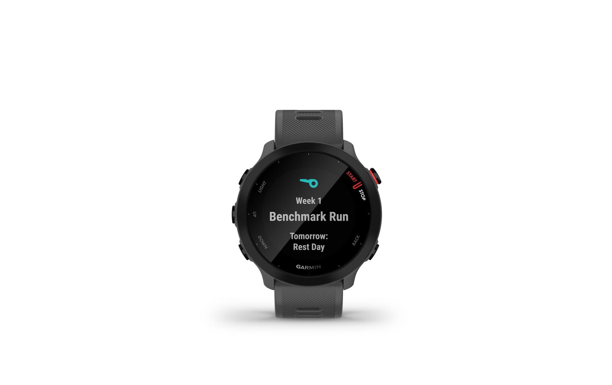 Garmin Forerunner 55 – GPS-Smartwatch – 42 mm, GPS, MIP, 5 ATM, Monterra Grau, Sportarmband