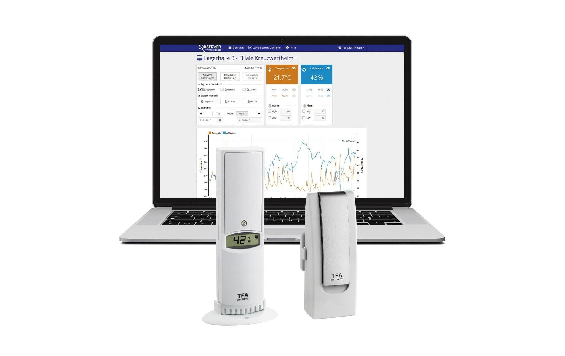 TFA-Dostmann WeatherHub – Thermo-/Hygrosensor, WLAN, Display, 200 m Reichweite – Weiss, für TFA-Dostmann Weath