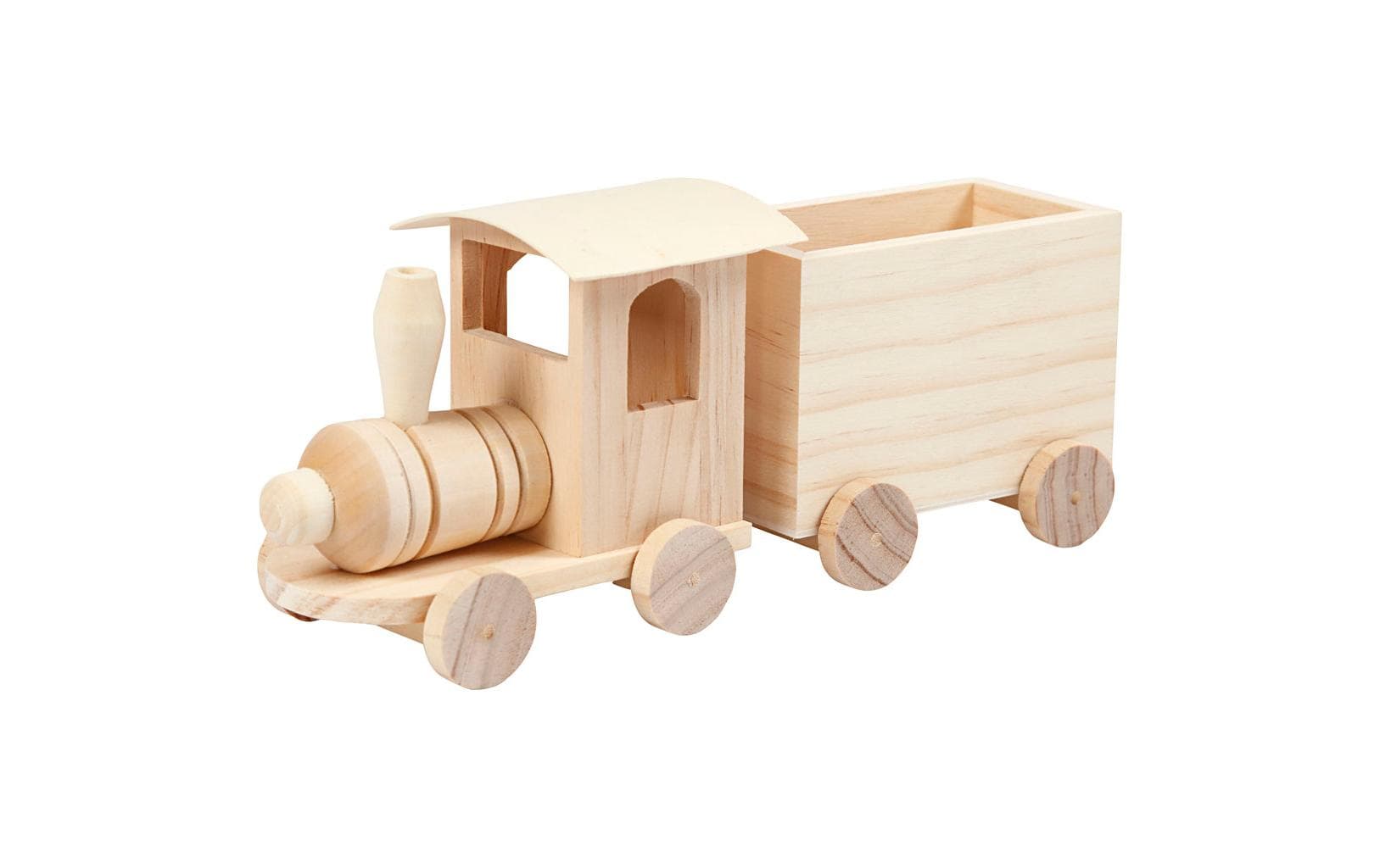 Creativ Company 57977 Holzzug mit Anhänger – 21,5 × 9,5 × 6,5 cm – 2 Stück – Holz, Hellbraun