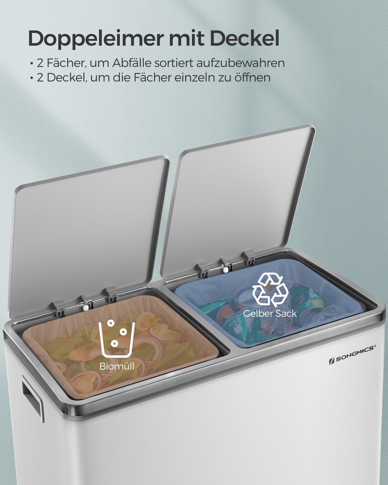 Songmics Systempapierkorb – 30 + 30 l – Stahl, weiss – B × H × T 585 × 650 × 360 mm