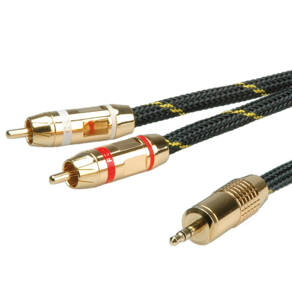 ROLINE 3,5-mm-auf-2×-Cinch-Adapterkabel – 3,5-mm-Klinke zu 2× Cinch, Stecker zu Stecker – 10 m, vergoldete Stecker