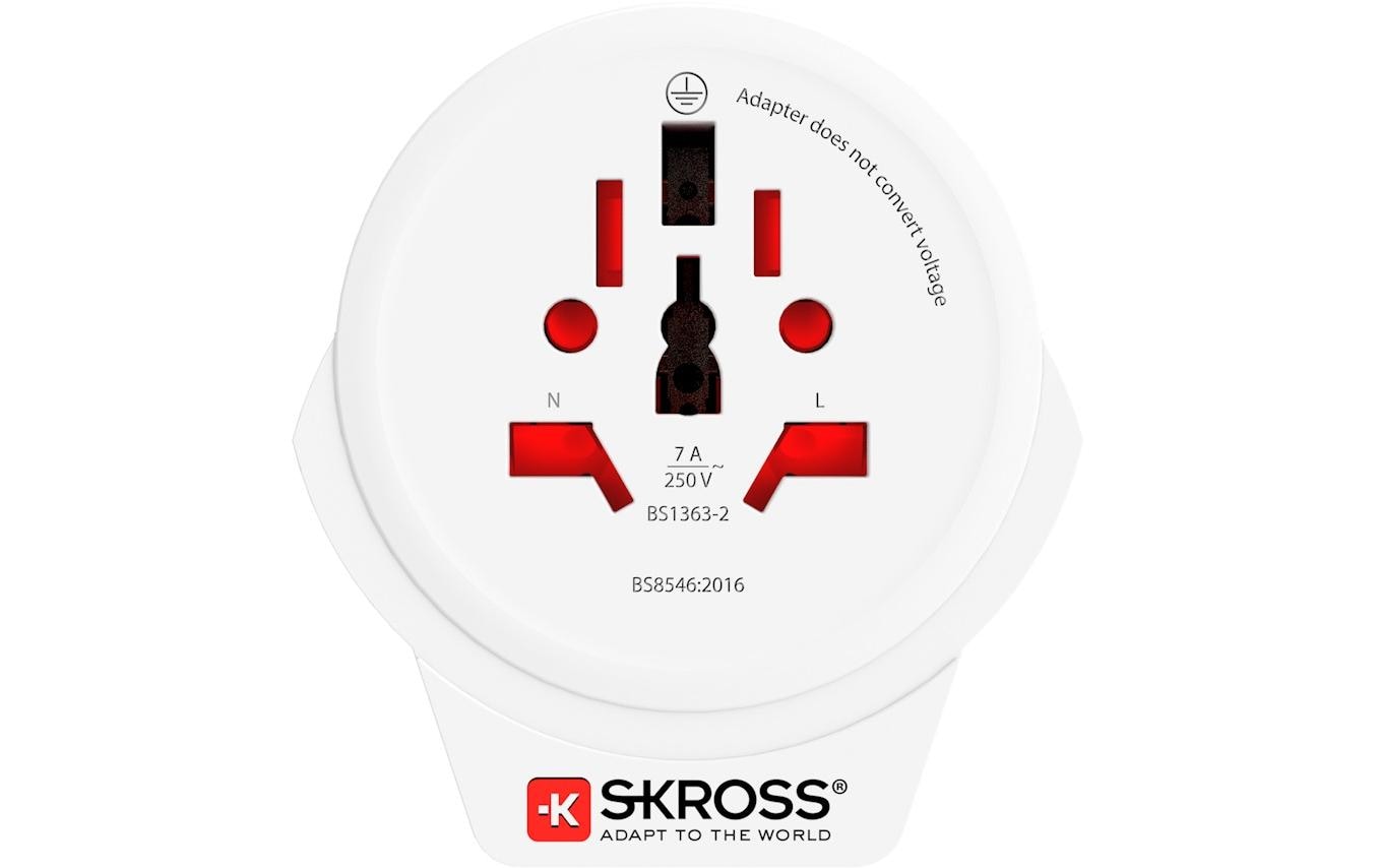 Skross Reiseadapter – 1× USB 5 V/2,4 A, max. 1750 W, 3-polig, geerdet – von Typ C/B/I → Typ G (VK) – weiss