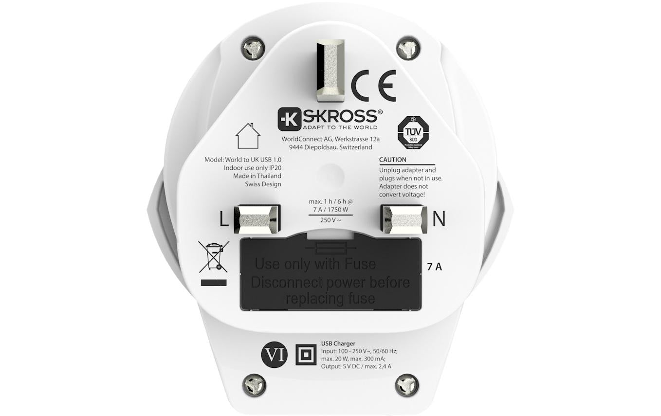 Skross Reiseadapter – 1× USB 5 V/2,4 A, max. 1750 W, 3-polig, geerdet – von Typ C/B/I → Typ G (VK) – weiss