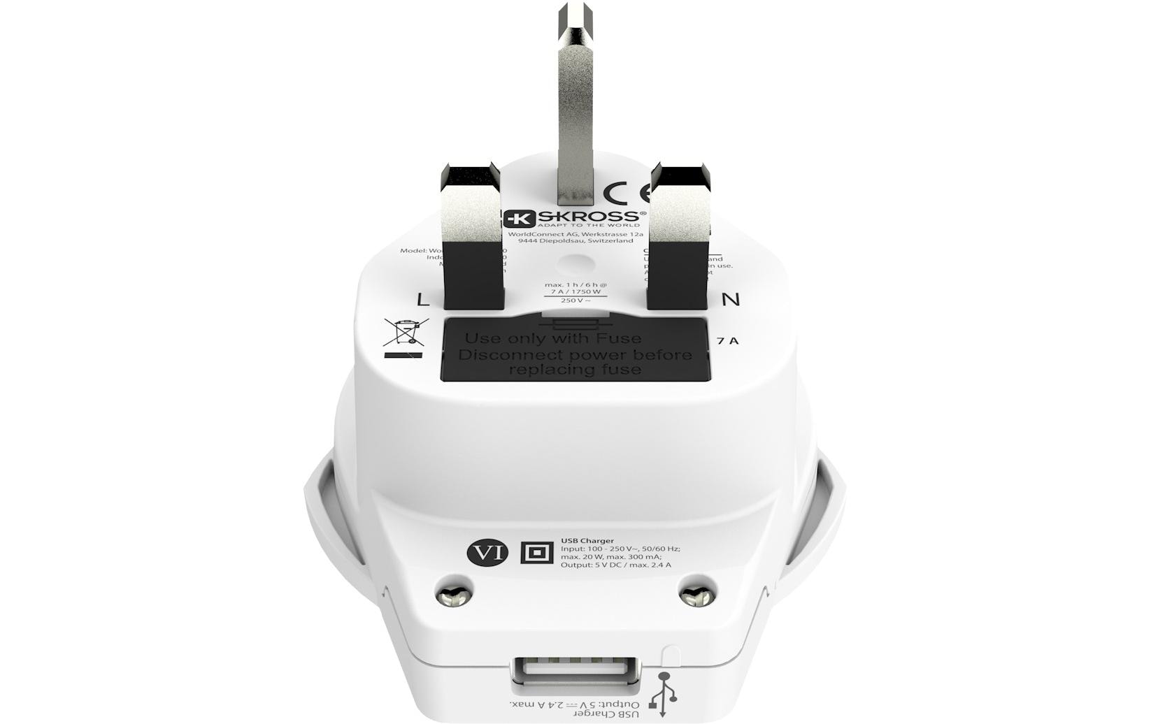 Skross Reiseadapter – 1× USB 5 V/2,4 A, max. 1750 W, 3-polig, geerdet – von Typ C/B/I → Typ G (VK) – weiss