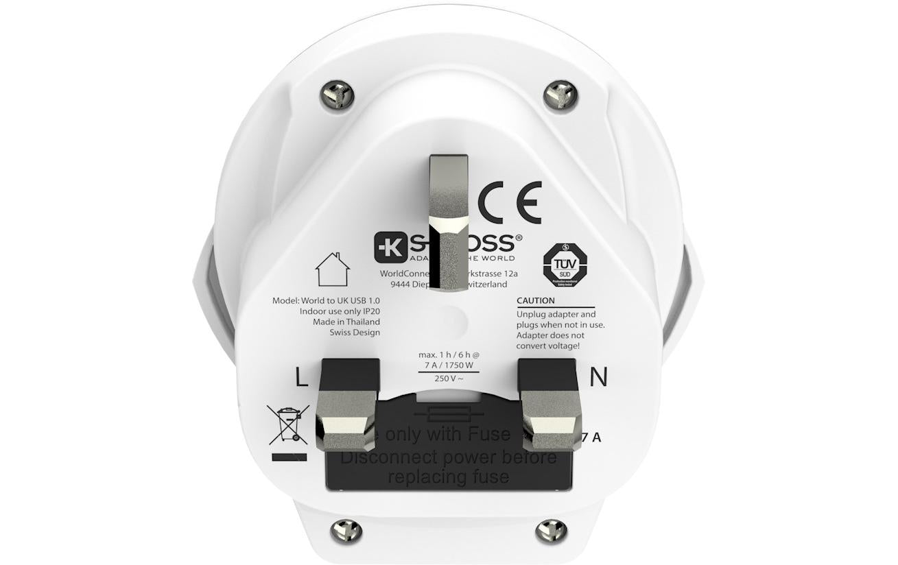 Skross Reiseadapter – 1× USB 5 V/2,4 A, max. 1750 W, 3-polig, geerdet – von Typ C/B/I → Typ G (VK) – weiss