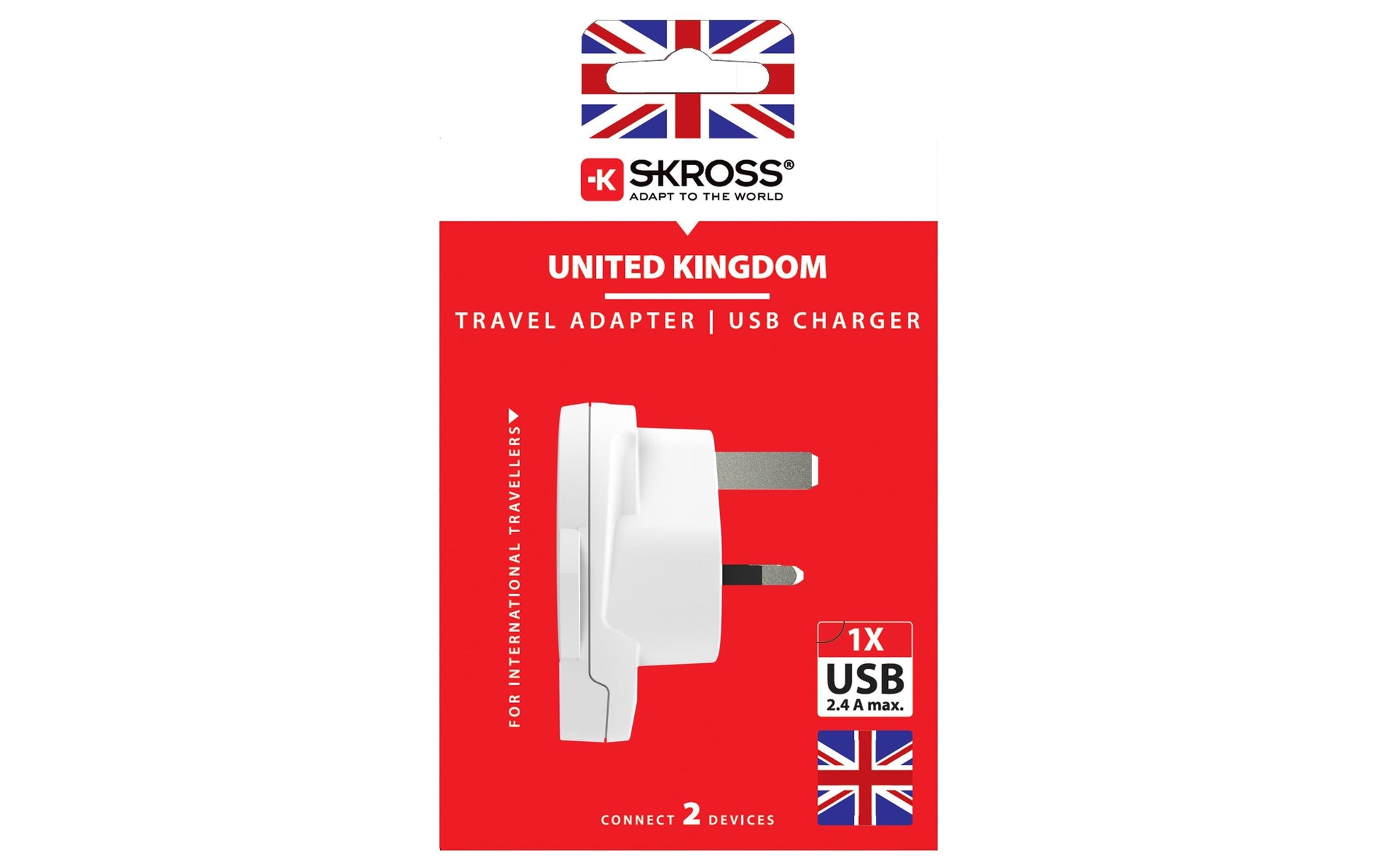 Skross Reiseadapter – 1× USB 5 V/2,4 A, max. 1750 W, 3-polig, geerdet – von Typ C/B/I → Typ G (VK) – weiss