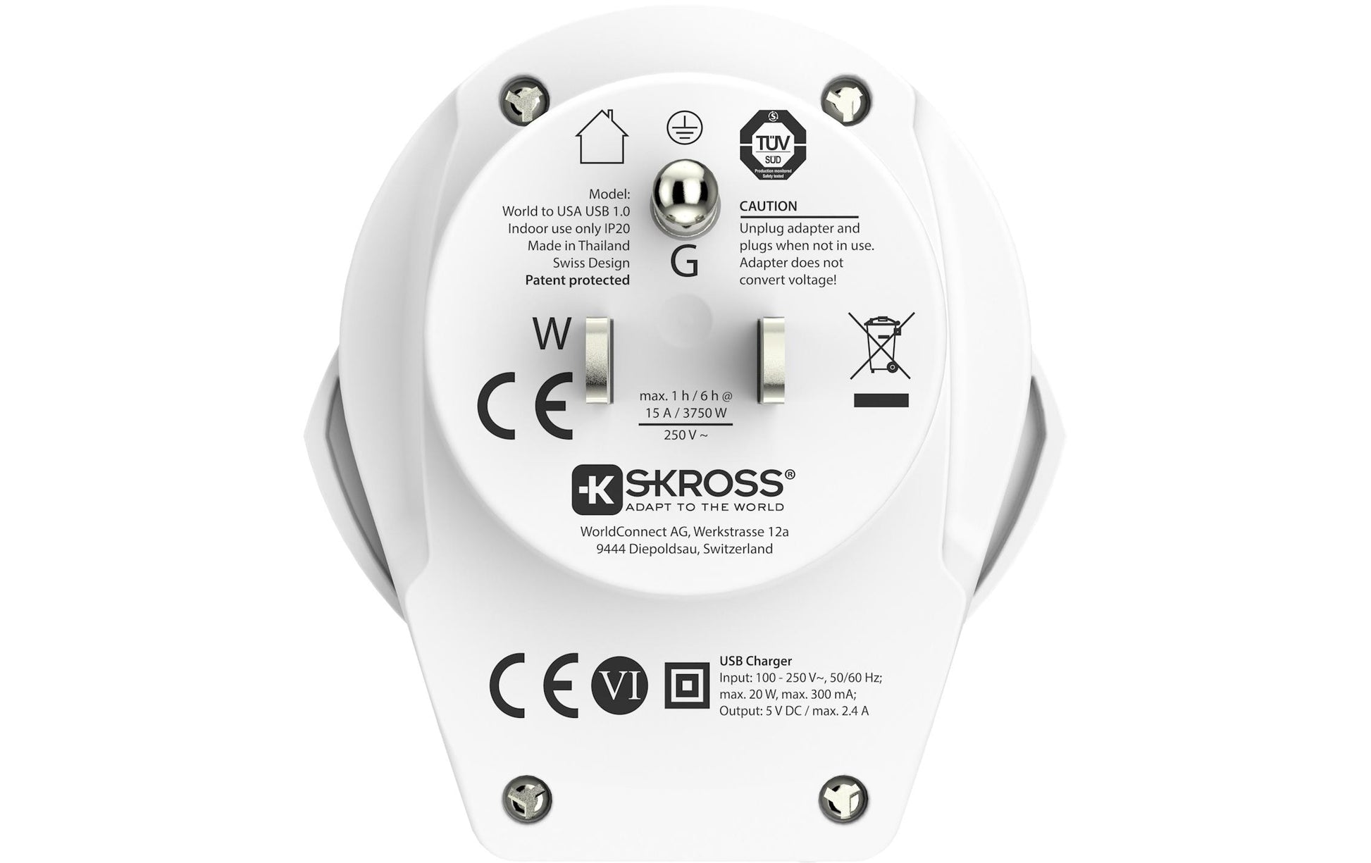 Skross Reiseadapter – mit 1× USB 5V/2,4A, geerdet – von Australien nach USA