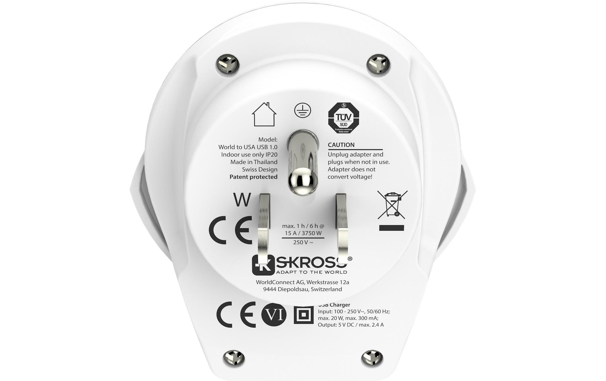 Skross Reiseadapter – mit 1× USB 5V/2,4A, geerdet – von Australien nach USA