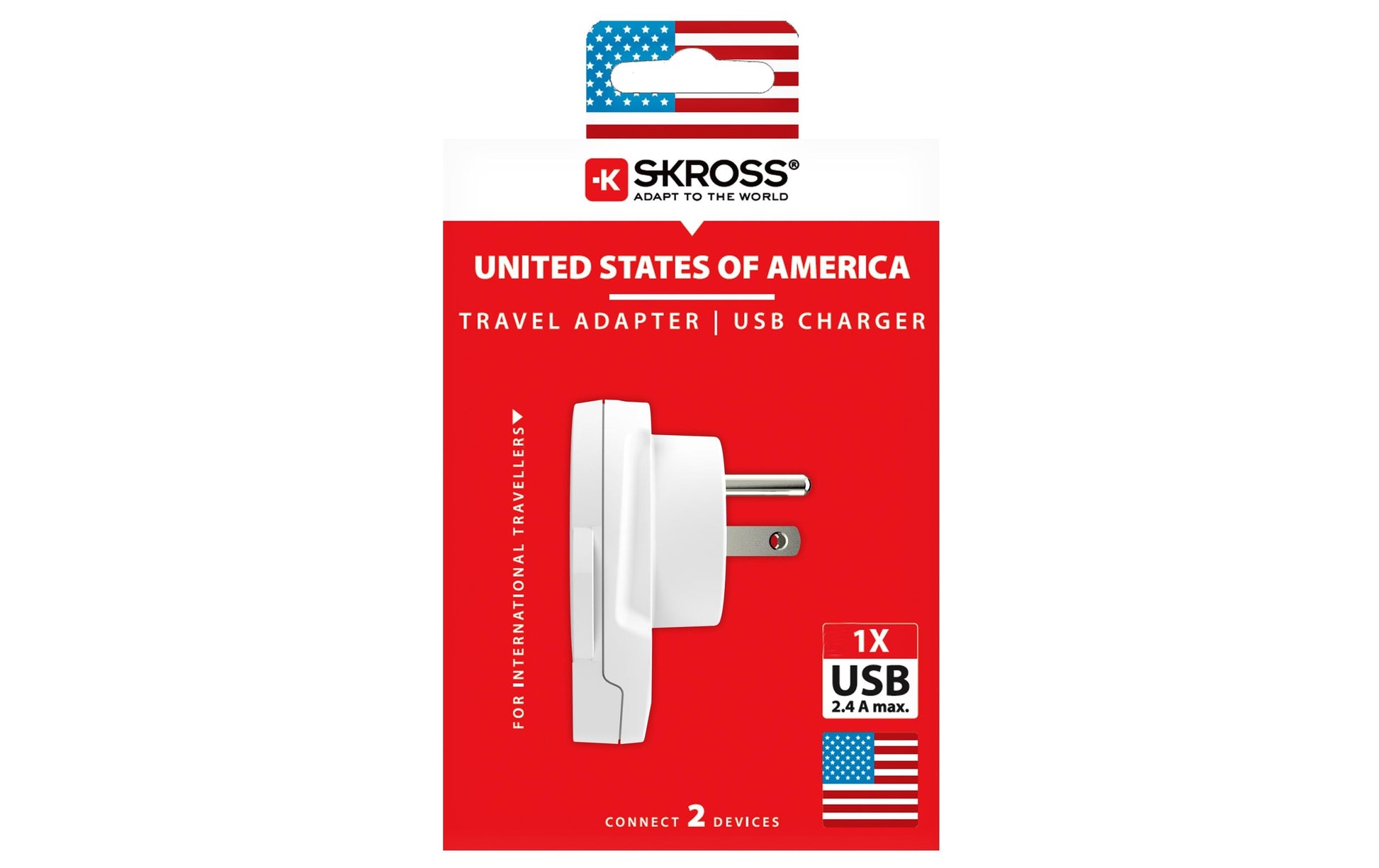 Skross Reiseadapter – mit 1× USB 5V/2,4A, geerdet – von Australien nach USA