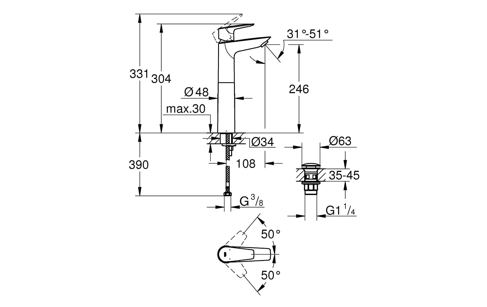 GROHE Start Edge Badebatterie – Einhebelmischer, Metall, Chrom