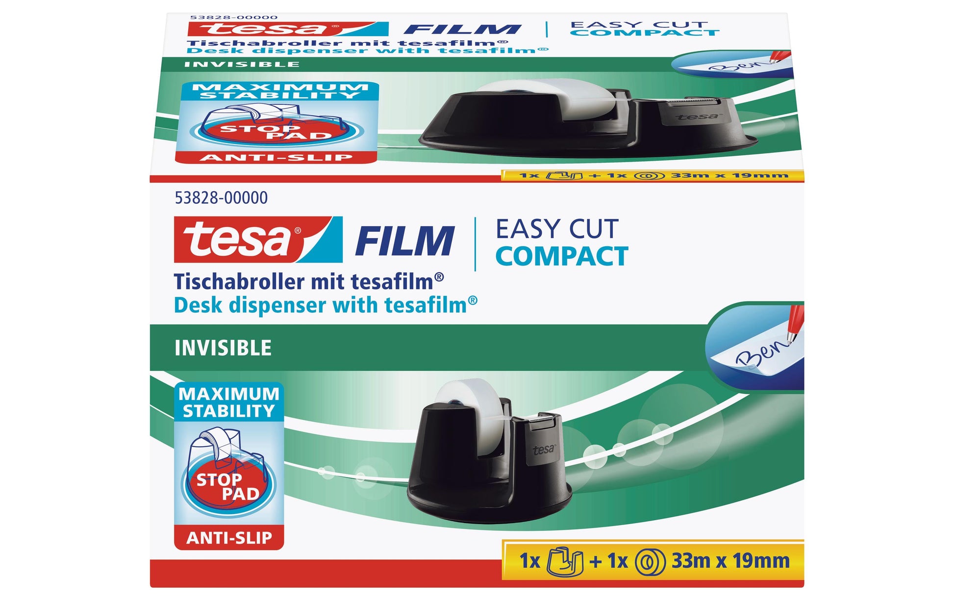 tesa Tischabroller – für Rollenbreite bis 19 mm, für Bandlänge bis 33 m, für Kern 1", rutschfest, Metallmesser