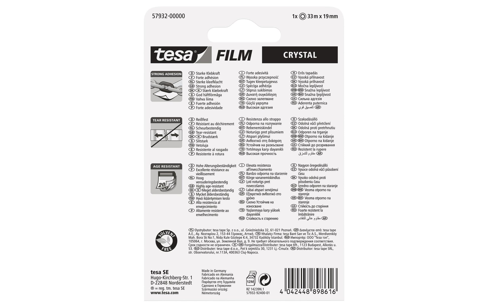 TESA Büro-Klebeband Crystal – permanent, Kunststoff, 19 mm × 33 m, transparent, Kern Ø 26 mm