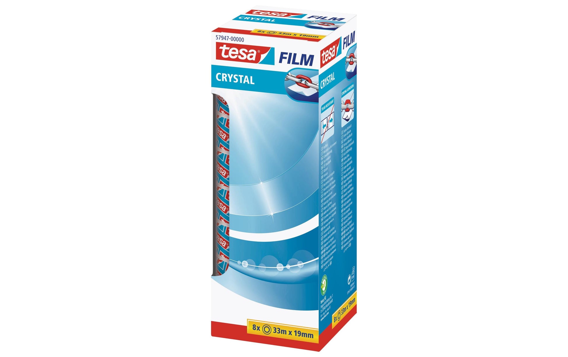 TESA Klebeband Crystal – permanent, Kunststoff, 19 mm × 33 m, Kern Ø 26 mm, 8 Rollen