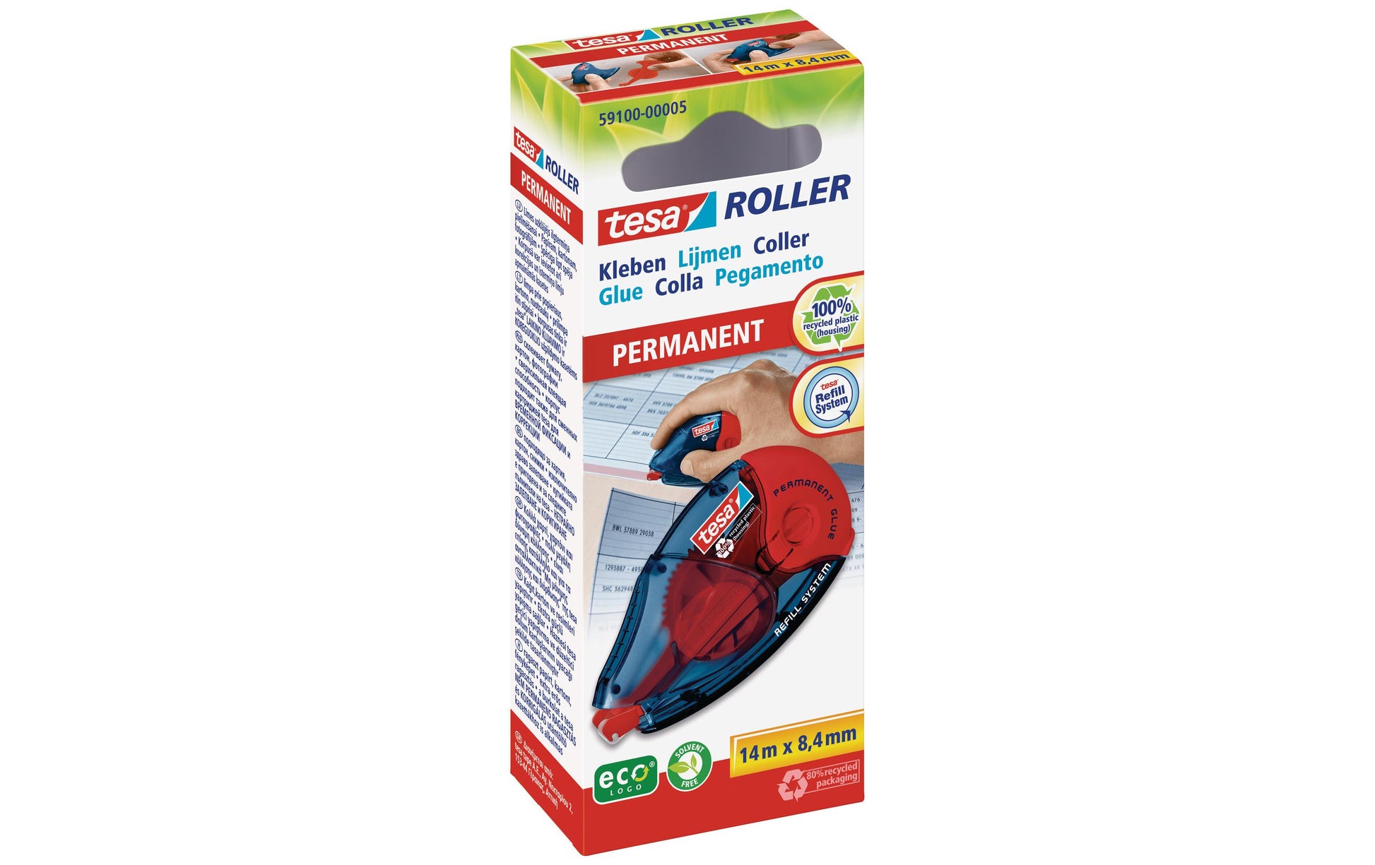 TESA ecoLogo Kleberoller – Roller, extra stark, transparent, lösemittelfrei, nachfüllbar, für Basteln