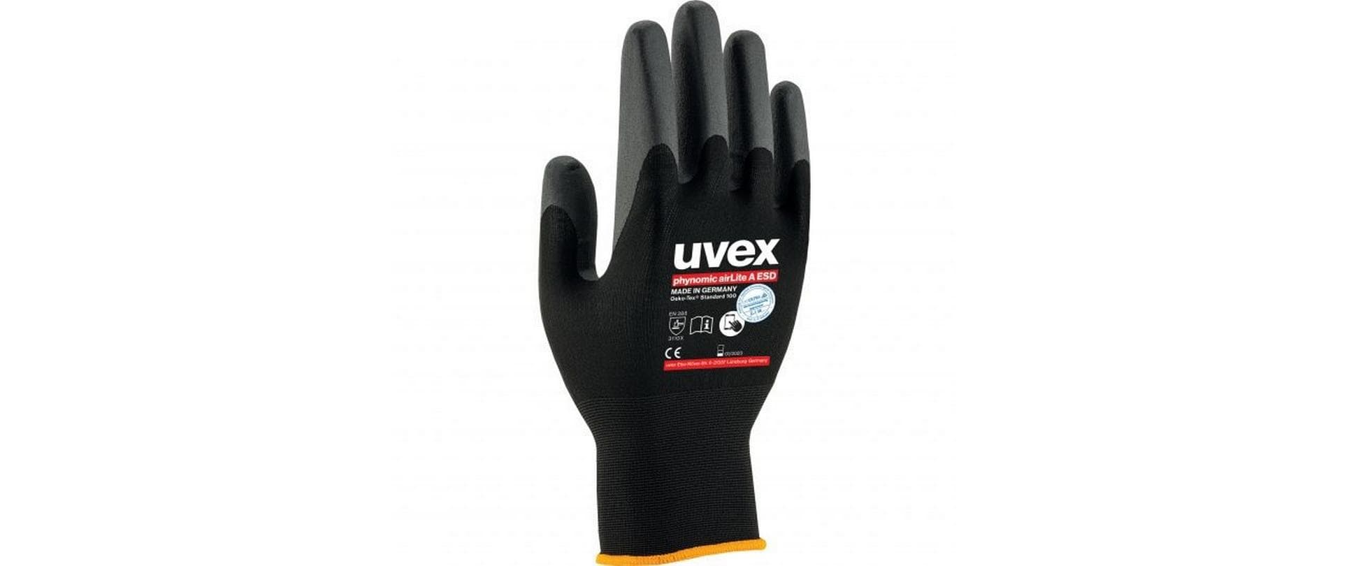 Uvex Arbeitshandschuhe phynomic airLite A – Grösse 6, 1 Paar – Polyamid, ESD, EN 388:3110X, Schwarz
