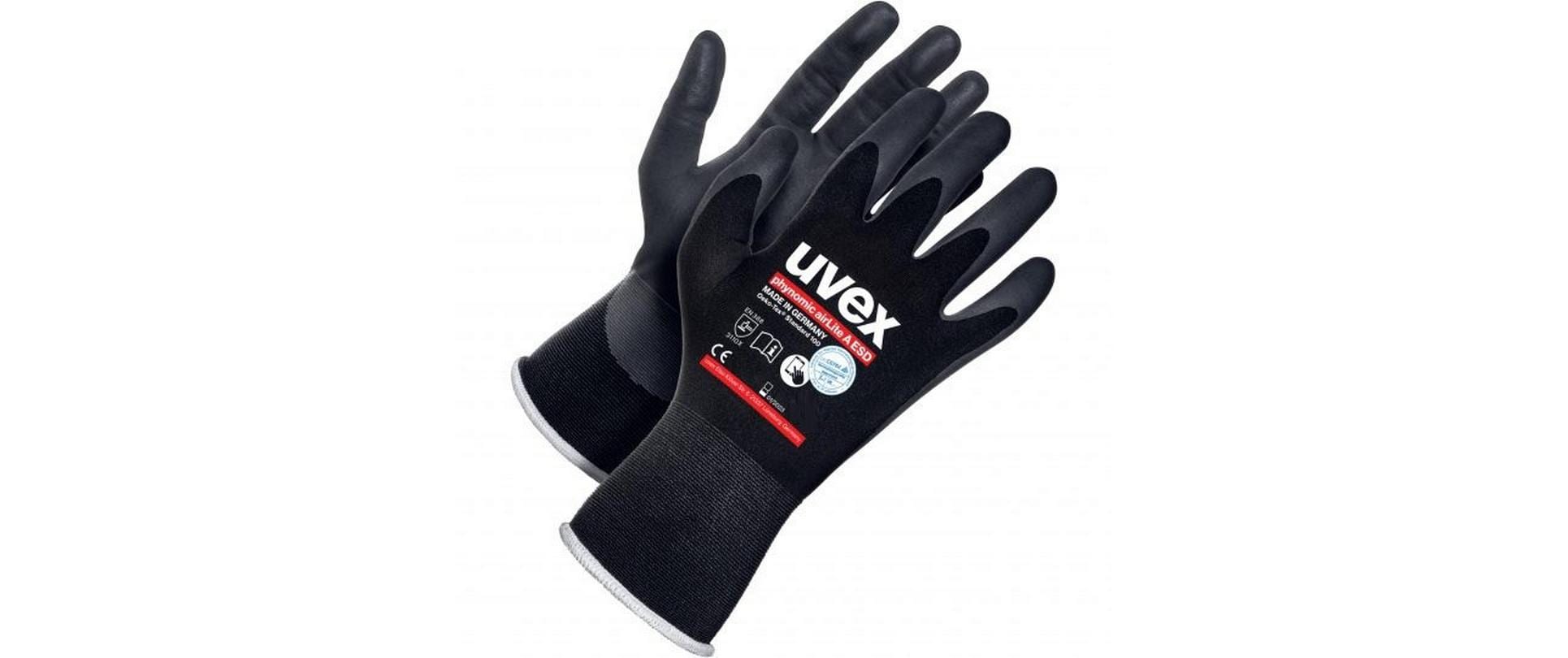 Uvex Arbeitshandschuhe phynomic airLite A – Grösse 6, 1 Paar – Polyamid, ESD, EN 388:3110X, Schwarz