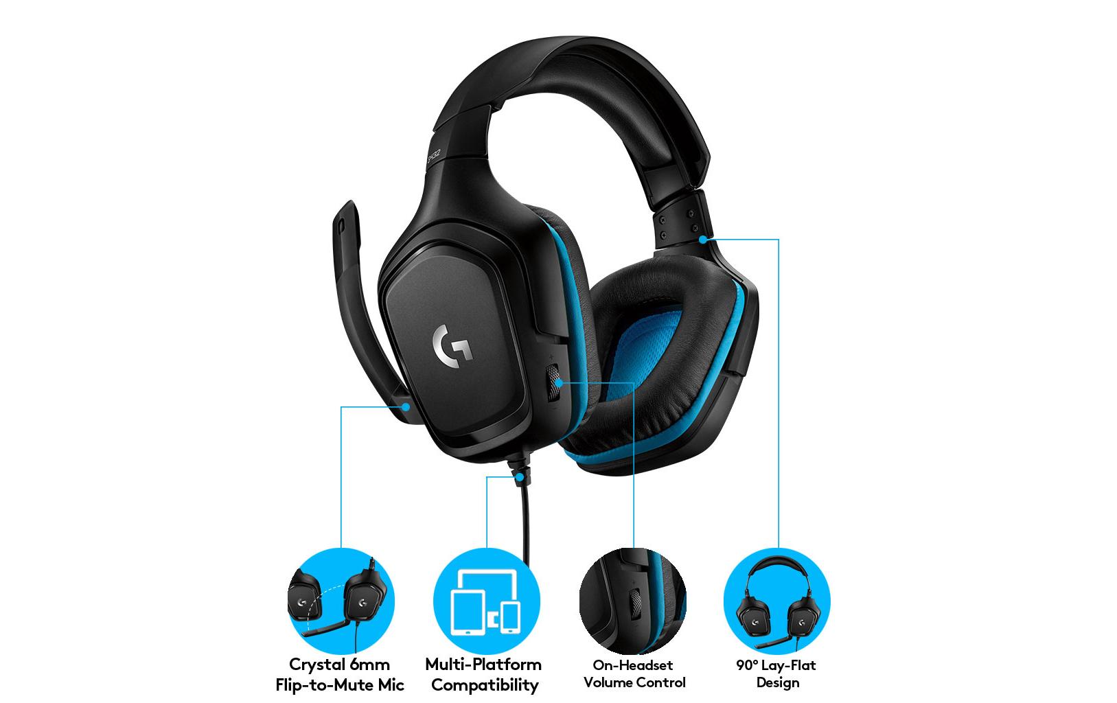 Logitech G G432 Gaming-Headset – Over-Ear, Stereo, Kabelgebunden, 3,5 mm Klinke, ANC, Schwarz/Blau