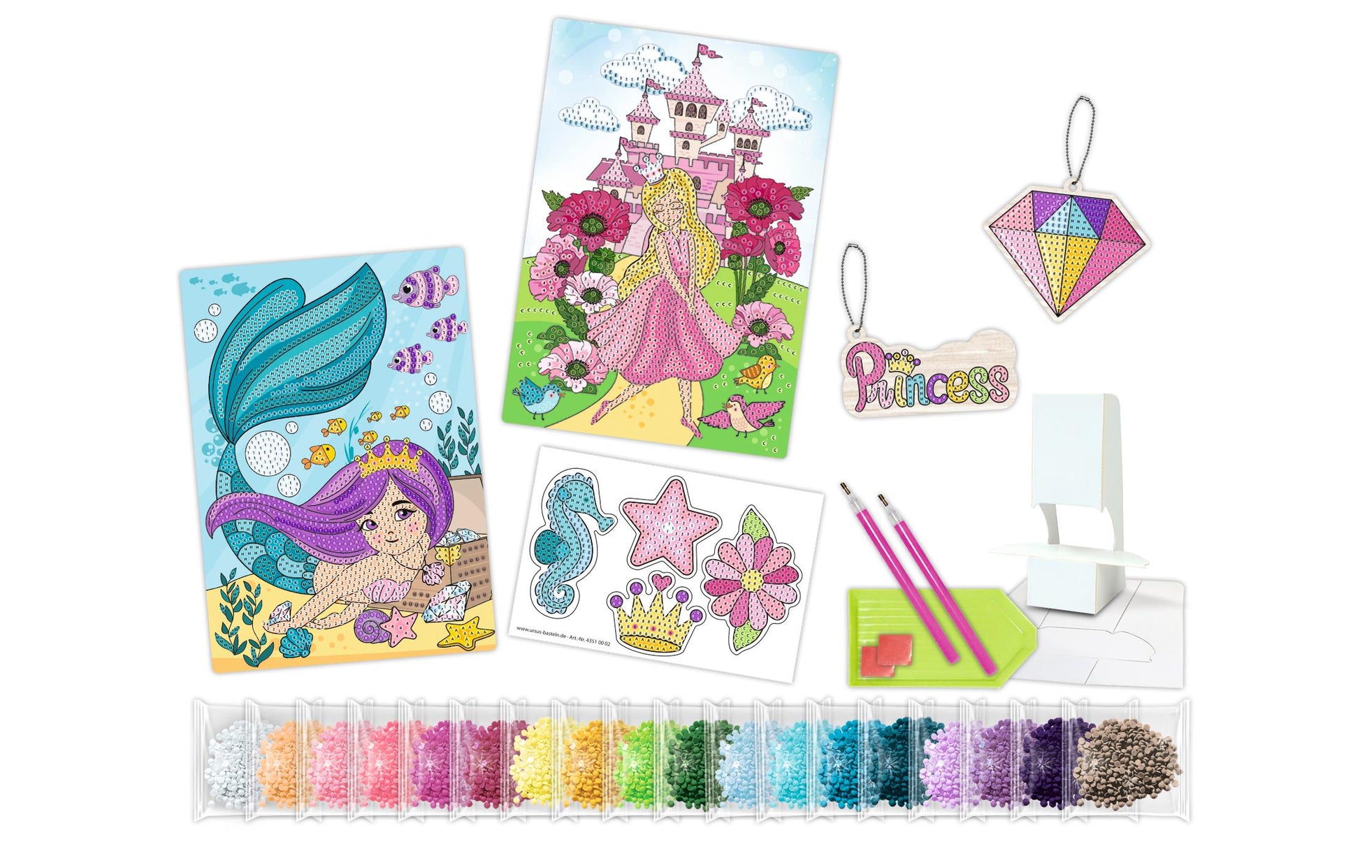 URSUS Diamond-Painting-Set – Prinzessin – 2 A5-Karten, 1 Stickerbogen – ab 8 Jahren