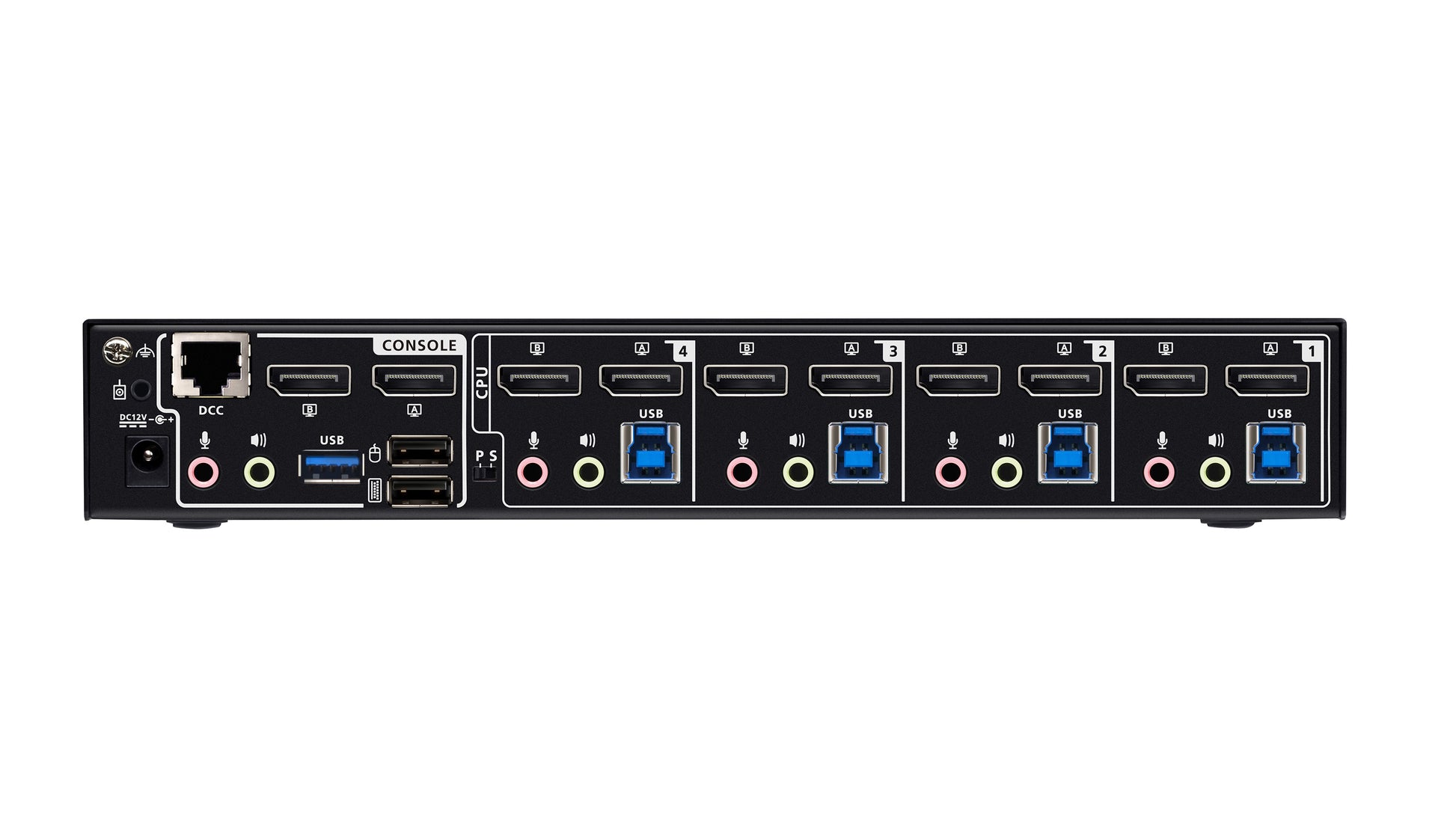 ATEN CS1944DPA – KVM-Switch (Dual-Display) – 4-Port, 8×DP, USB-3.0-Hub 5 Gbit/s, 8K@60, 4K@120, Schwarz