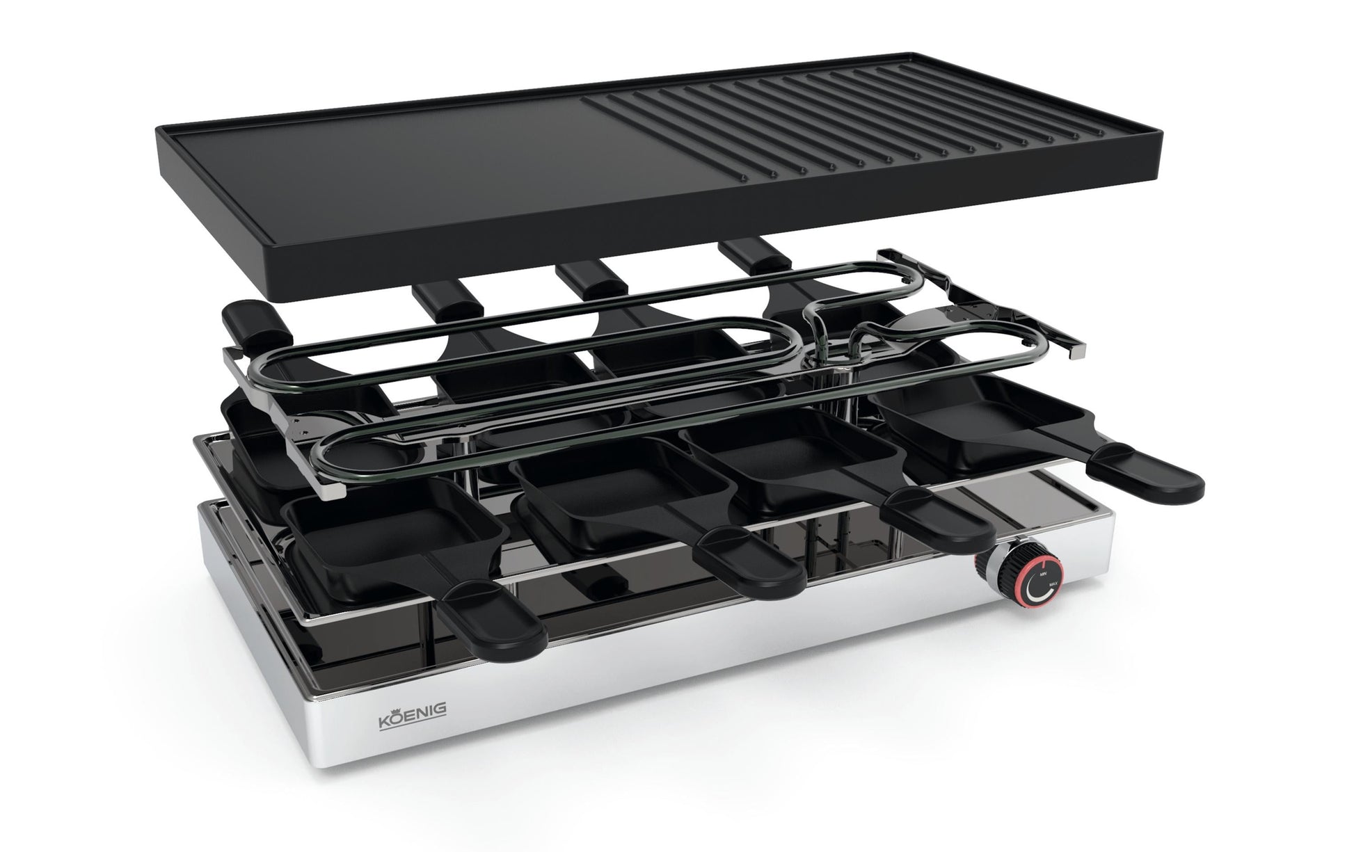 Koenig Raclette-Grill Elegance B02247 – 8 Personen, 1200 W, Grillplatte 41×20 cm – schwarz/edelstahl