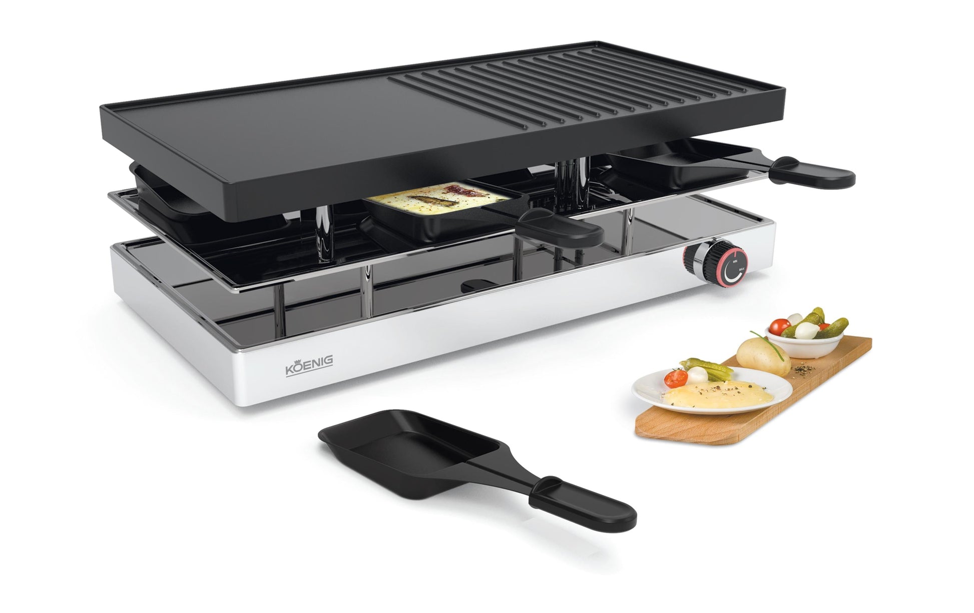 Koenig Raclette-Grill Elegance B02247 – 8 Personen, 1200 W, Grillplatte 41×20 cm – schwarz/edelstahl