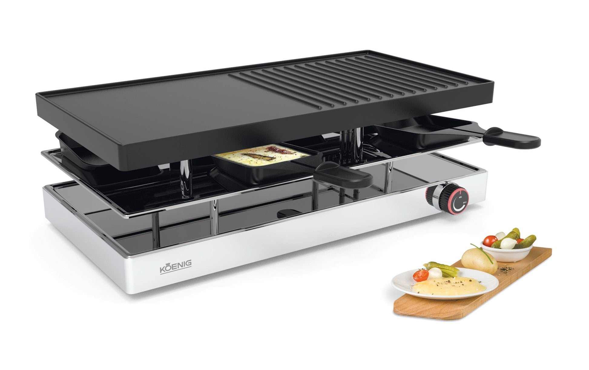 Koenig Raclette-Grill Elegance B02247 – 8 Personen, 1200 W, Grillplatte 41×20 cm – schwarz/edelstahl