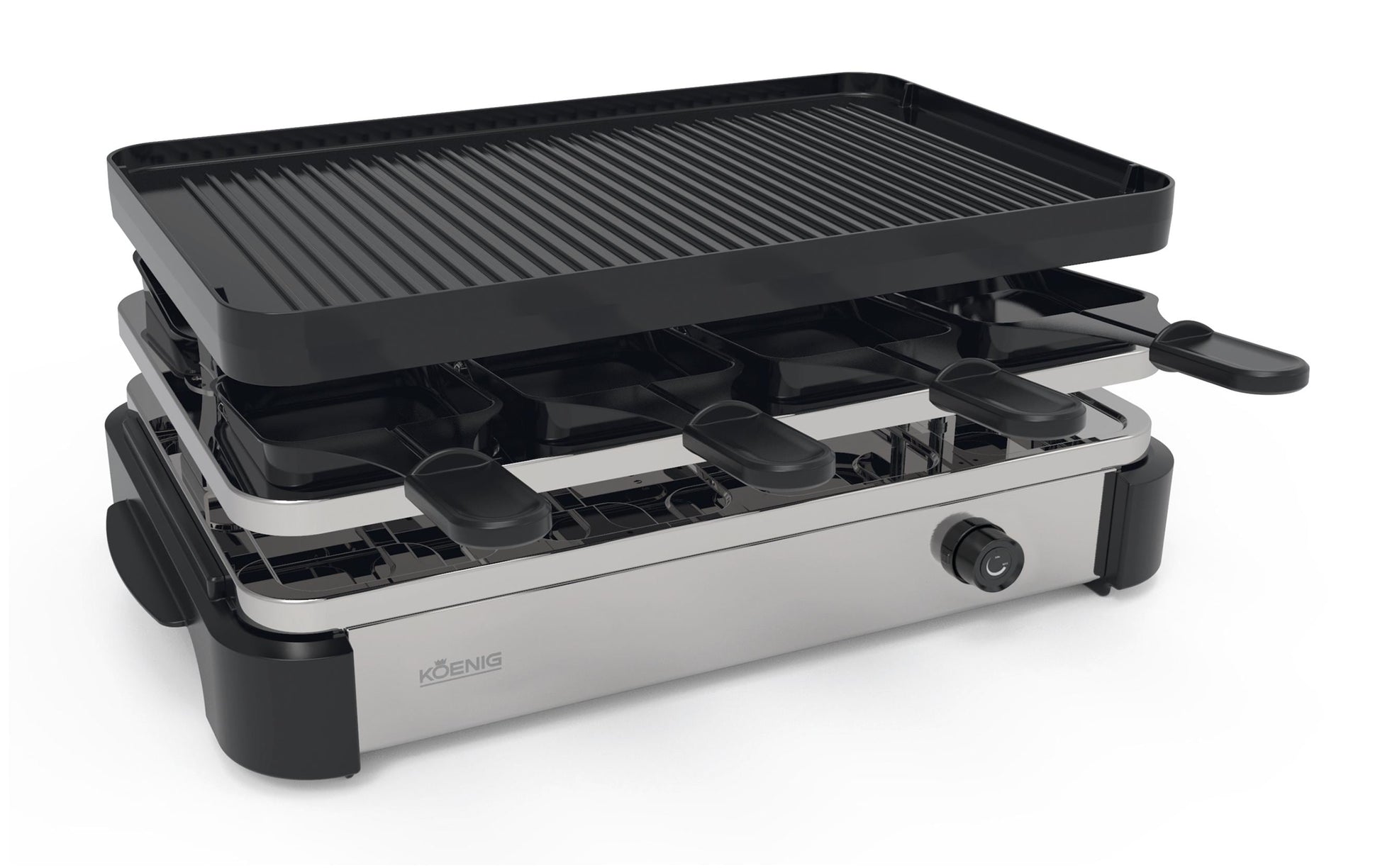 Koenig Raclette-Gerät B02246 – 8 Personen, 1200 W, 8 Pfännchen, Antihaftbeschichtet – Schwarz/Edelstahl
