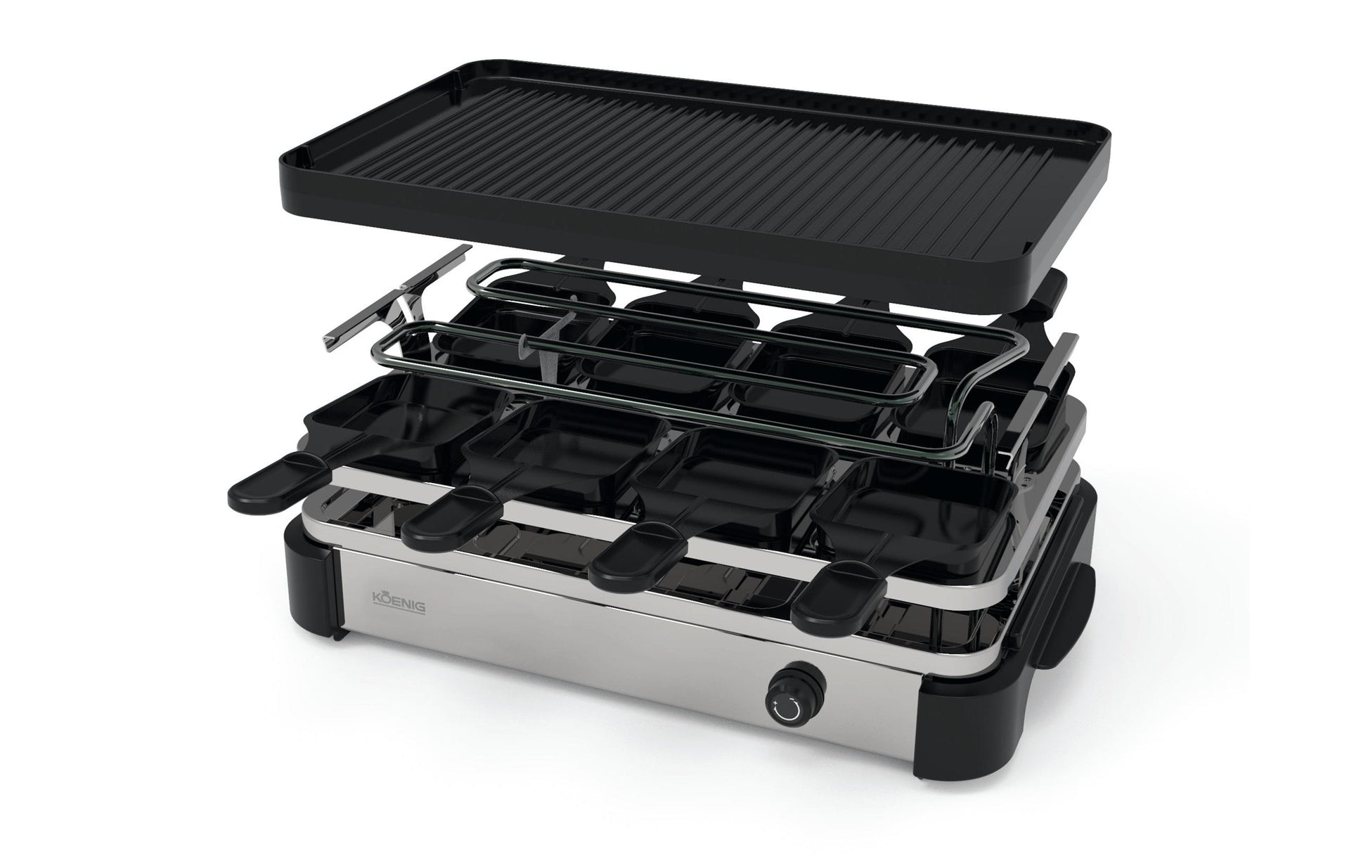 Koenig Raclette-Gerät B02246 – 8 Personen, 1200 W, 8 Pfännchen, Antihaftbeschichtet – Schwarz/Edelstahl
