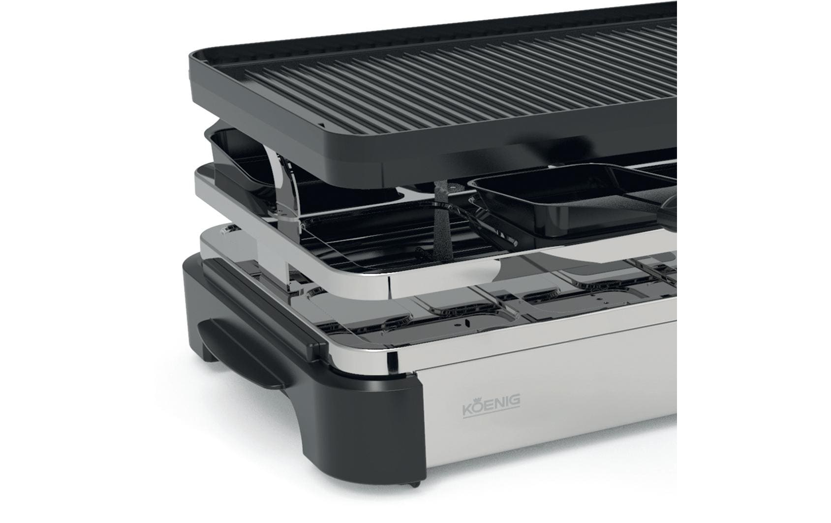 Koenig Raclette-Gerät B02246 – 8 Personen, 1200 W, 8 Pfännchen, Antihaftbeschichtet – Schwarz/Edelstahl