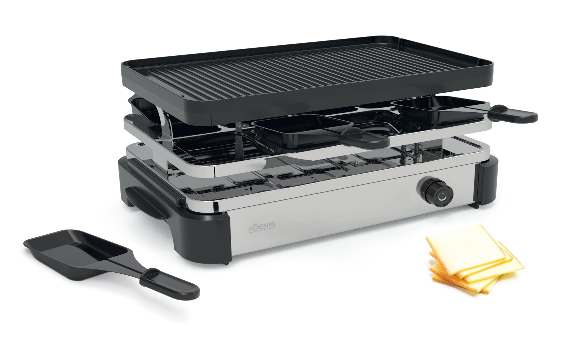 Koenig Raclette-Gerät B02246 – 8 Personen, 1200 W, 8 Pfännchen, Antihaftbeschichtet – Schwarz/Edelstahl