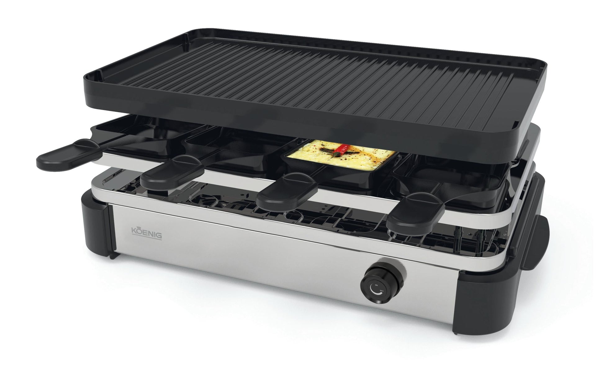 Koenig Raclette-Gerät B02246 – 8 Personen, 1200 W, 8 Pfännchen, Antihaftbeschichtet – Schwarz/Edelstahl