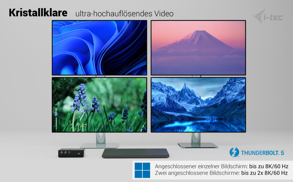 i-tec Quattro Display DS Dockingstation – Thunderbolt 5, 2× HDMI, 4× USB-A, 1× USB-C, 140 W PD, 2,5GbE