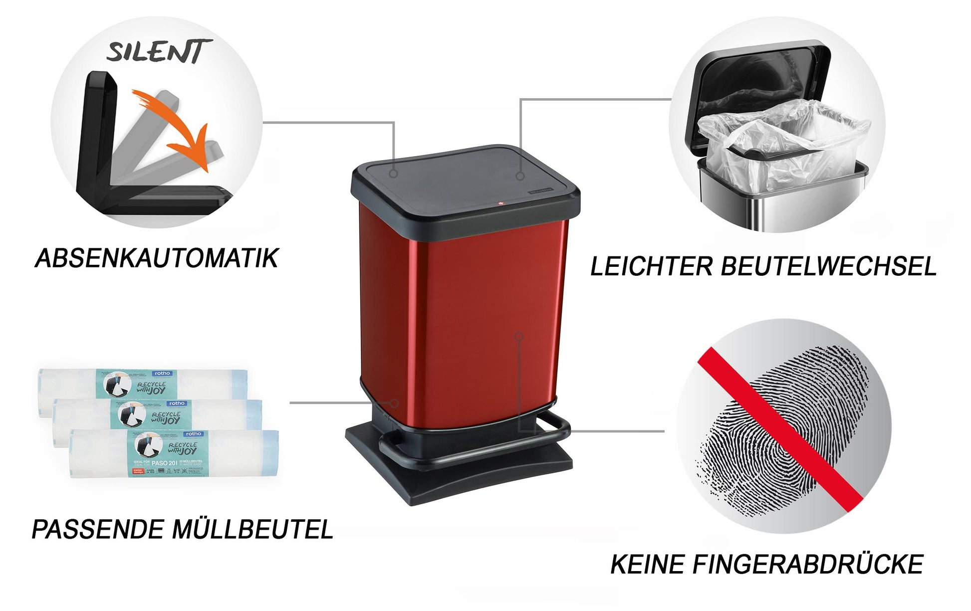 Rotho Papierkorb Paso – 20 l – Kunststoff, Rot – B × H × T 266 × 457 × 293 mm