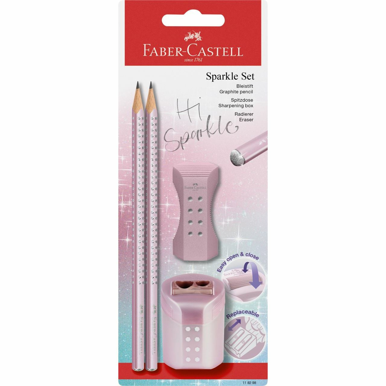 Faber-Castell Grip Hi Sparkle Bleistift, Dreikant, Grip-Zone B Mine Ø 2 mm rose metallic – Set, 4-teilig