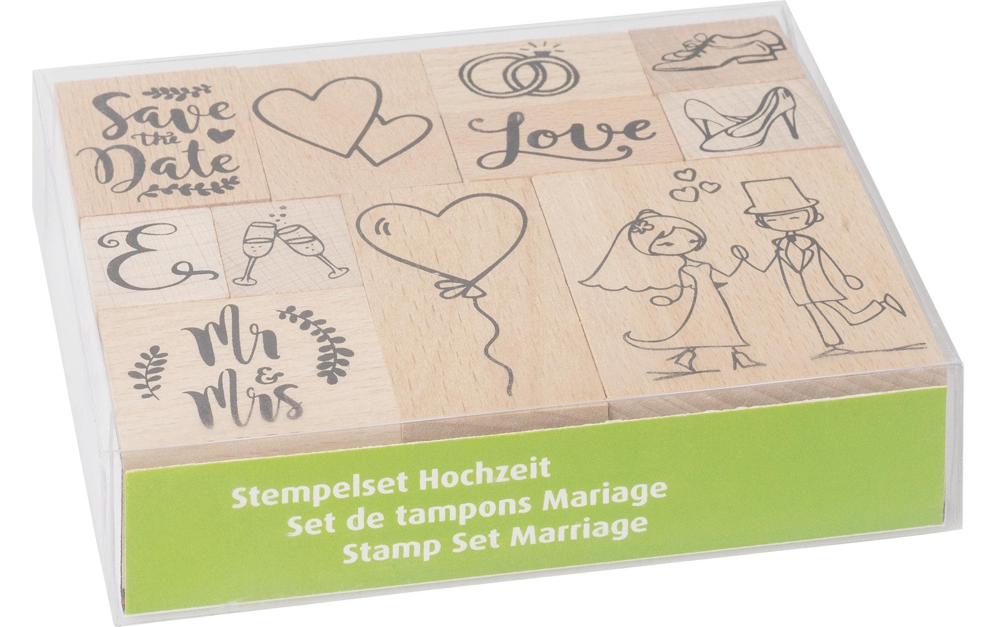HEYDA Stempel-Set – Hochzeit – 11 Stempel – Holz – 120 × 100 × 30 mm