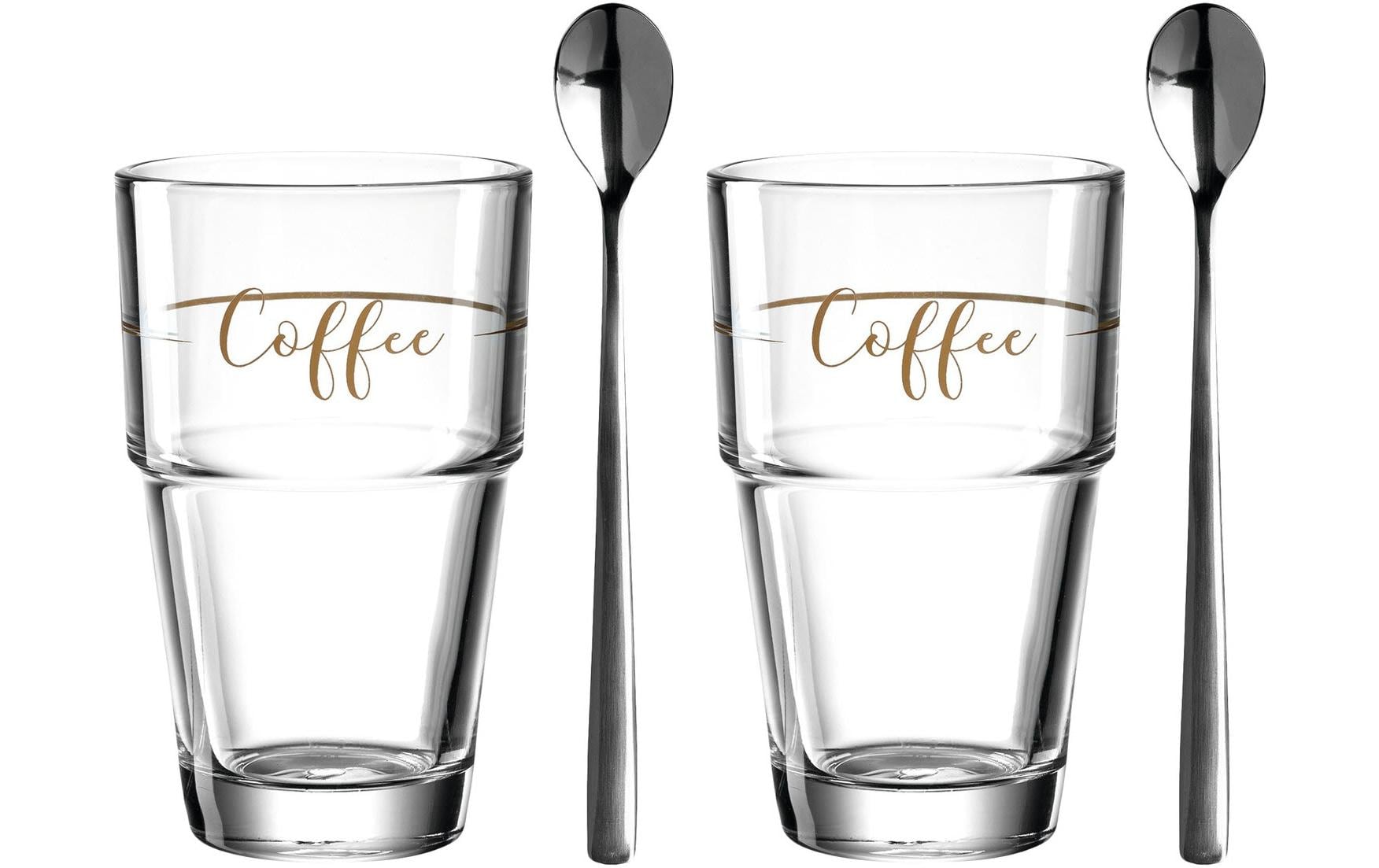LEONARDO Latte Macchiato Glas – 2er Set, 410 ml, Ø 9,0 cm, Kalk-Natron-Glas, inkl. Löffel, spülmaschinenfest