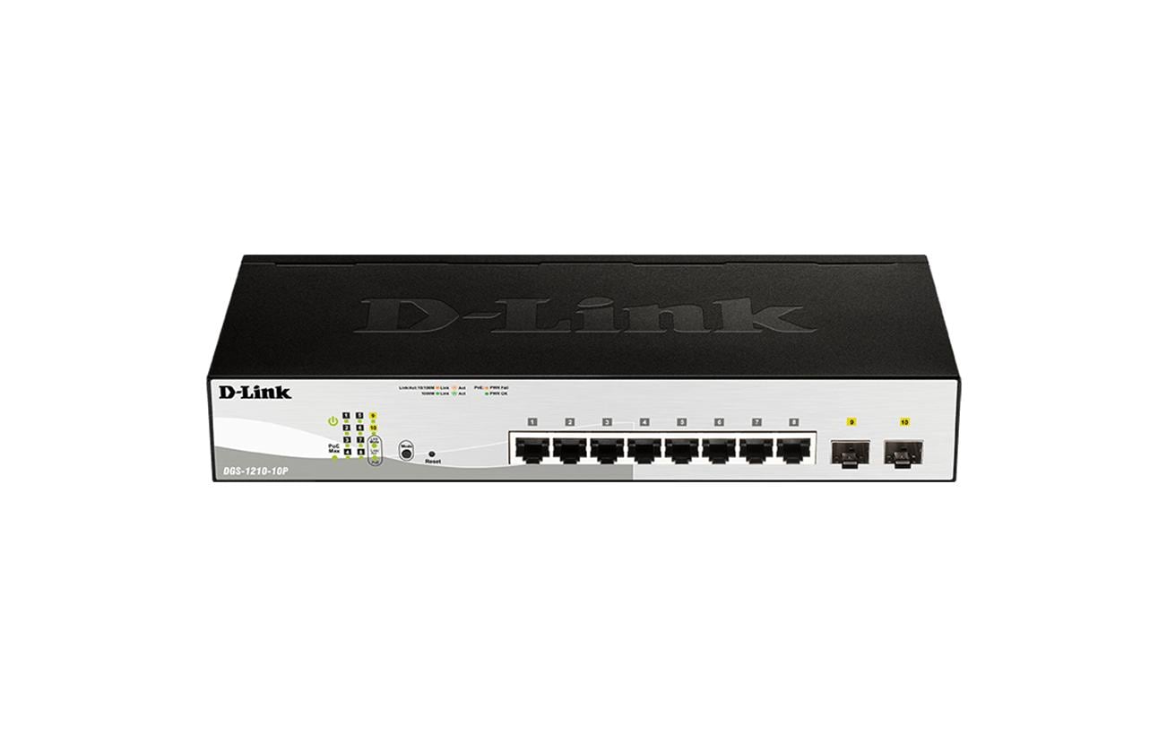 D-Link DGS-1210-10P/E – Verwalteter L2 Switch – 8× 1G, 2× SFP, PoE/PoE+, PoE-Budget 78 W, 19", 1U