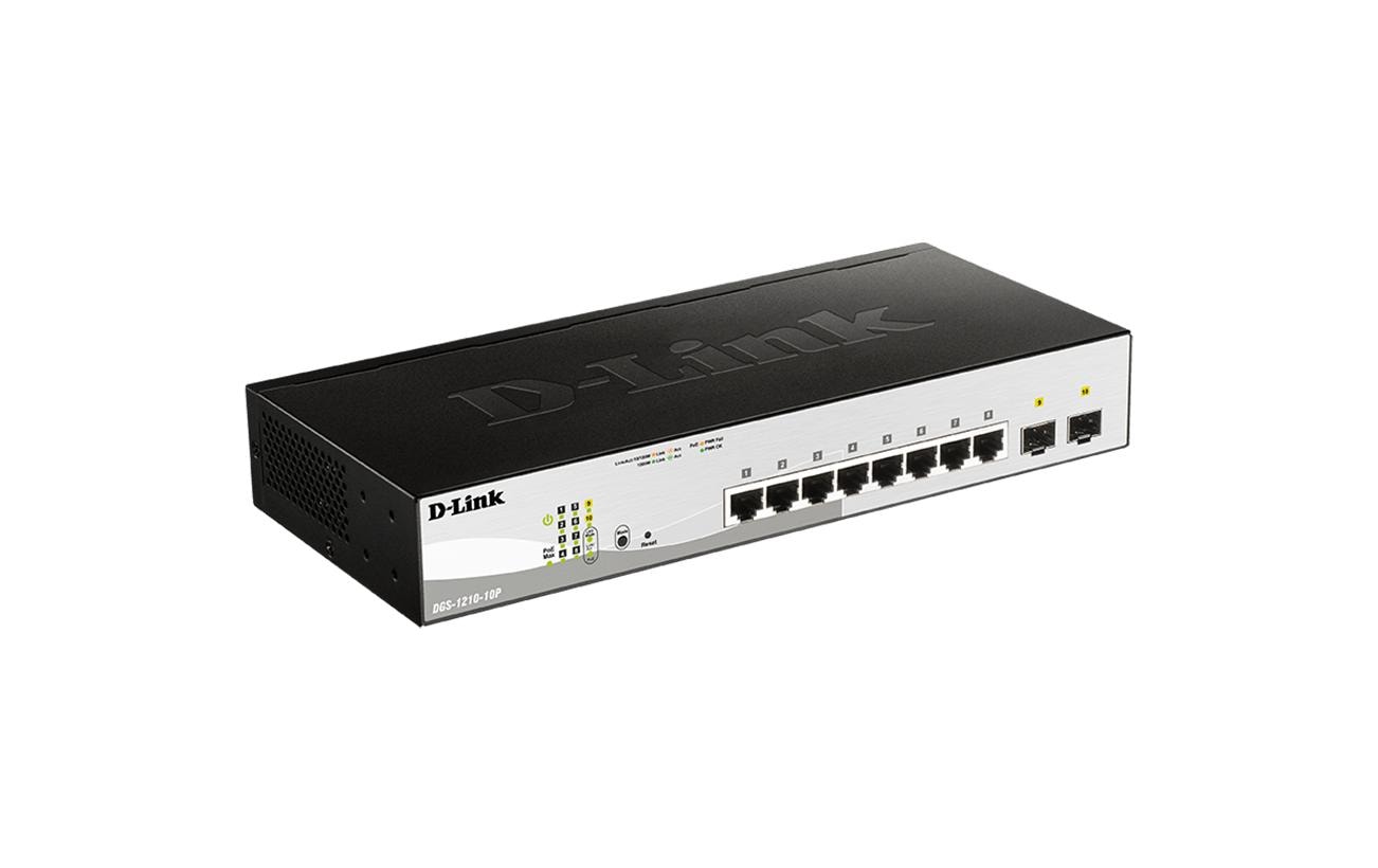 D-Link DGS-1210-10P/E – Verwalteter L2 Switch – 8× 1G, 2× SFP, PoE/PoE+, PoE-Budget 78 W, 19", 1U