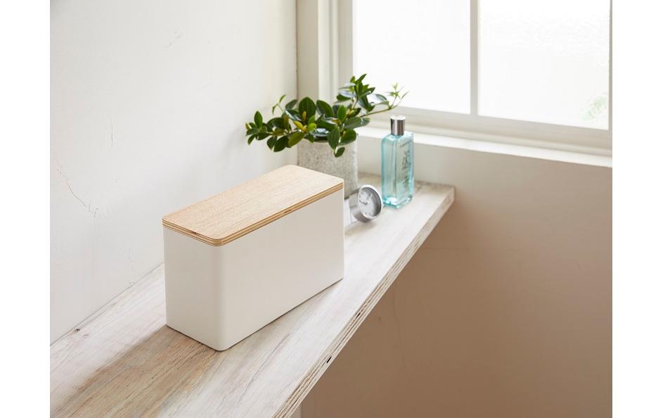 Yamazaki Rin Aufbewahrungsbox (mit Deckel) – Metall/Holz – Weiss – 105 × 140 × 230 mm