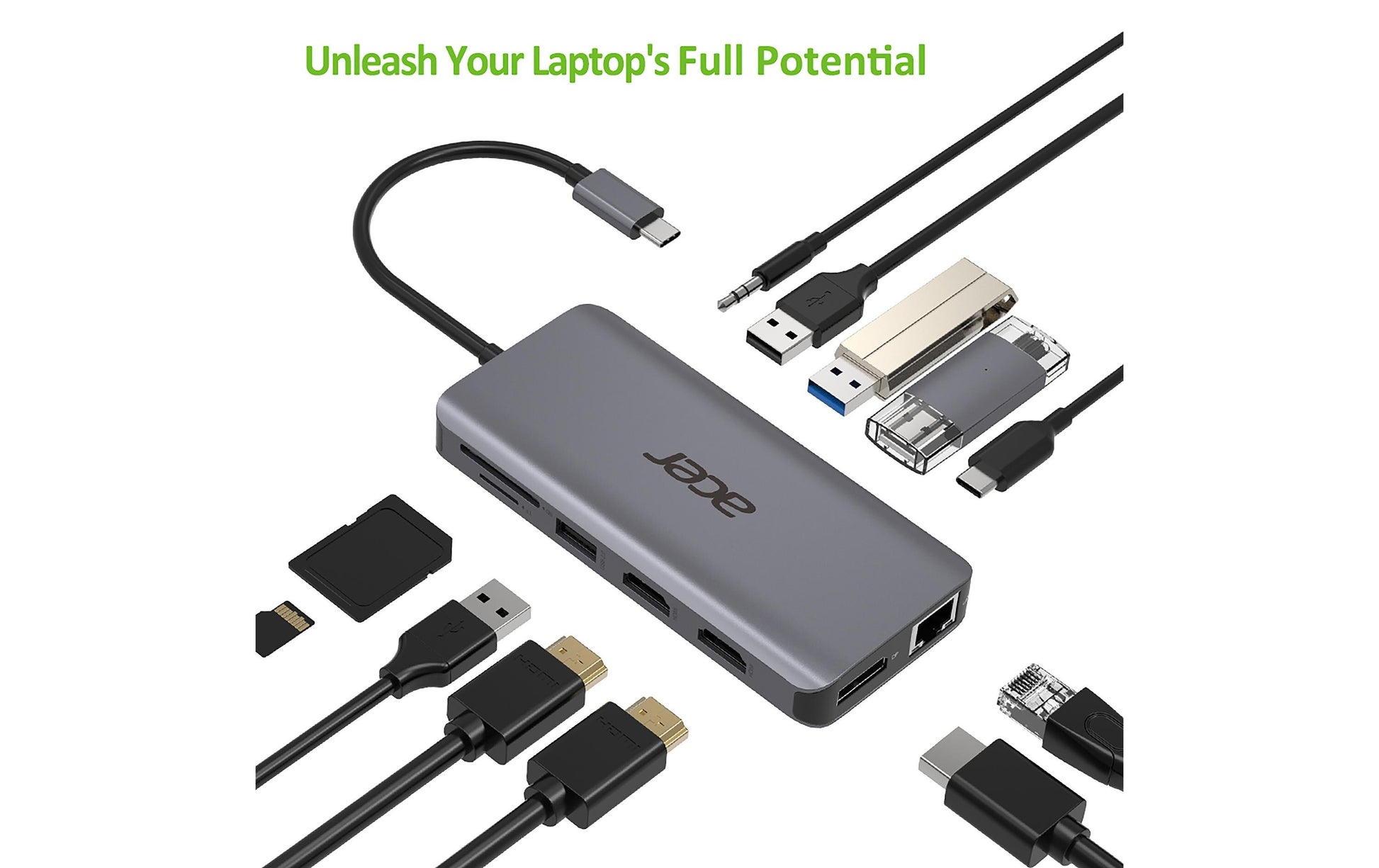 Acer Dockingstation – USB-C, 1× DP, 2× HDMI, 2× USB-A, 100 W PD, GbE, SD/microSD, 3,5 mm Audio
