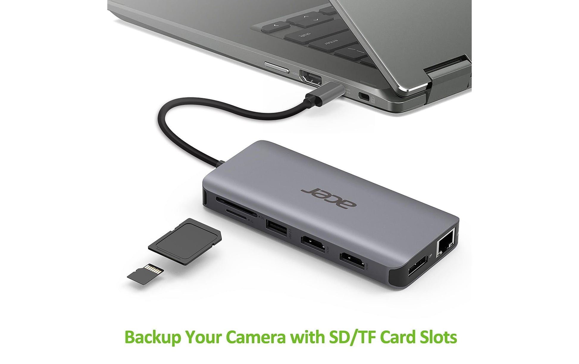 Acer Dockingstation – USB-C, 1× DP, 2× HDMI, 2× USB-A, 100 W PD, GbE, SD/microSD, 3,5 mm Audio