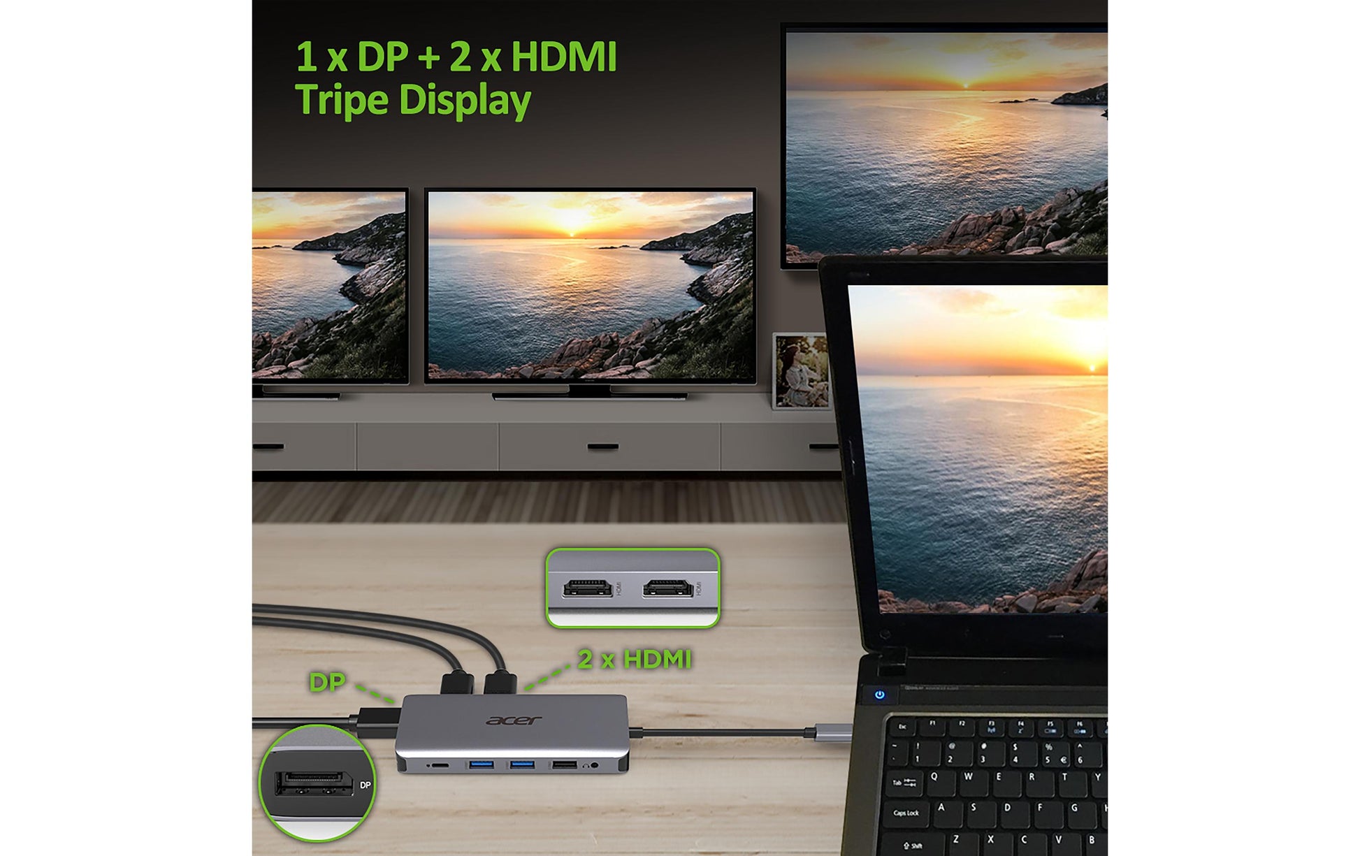 Acer Dockingstation – USB-C, 1× DP, 2× HDMI, 2× USB-A, 100 W PD, GbE, SD/microSD, 3,5 mm Audio