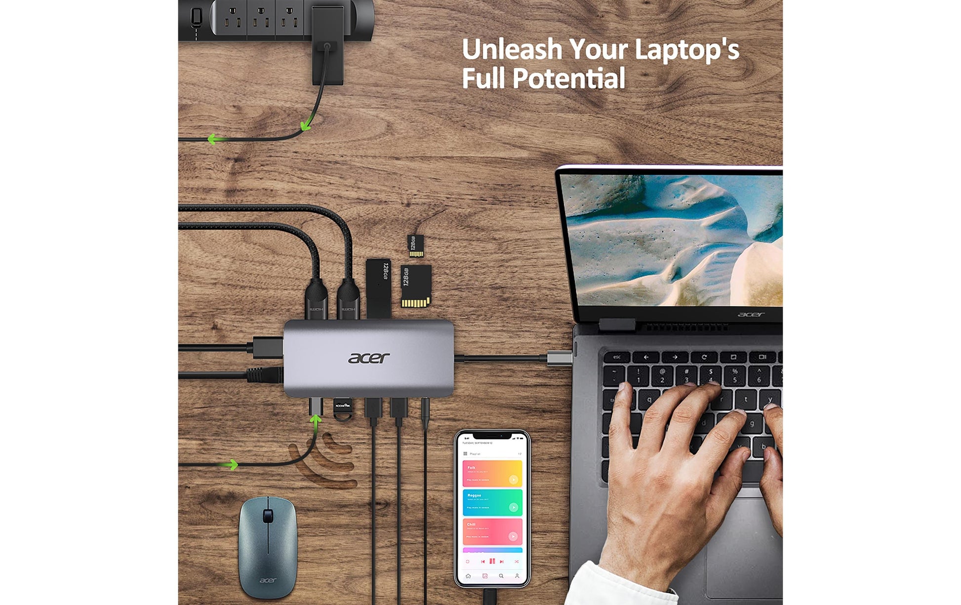 Acer Dockingstation – USB-C, 1× DP, 2× HDMI, 2× USB-A, 100 W PD, GbE, SD/microSD, 3,5 mm Audio