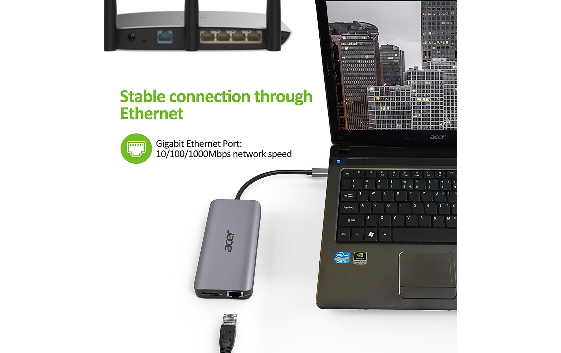 Acer Dockingstation – USB-C, 1× DP, 2× HDMI, 2× USB-A, 100 W PD, GbE, SD/microSD, 3,5 mm Audio