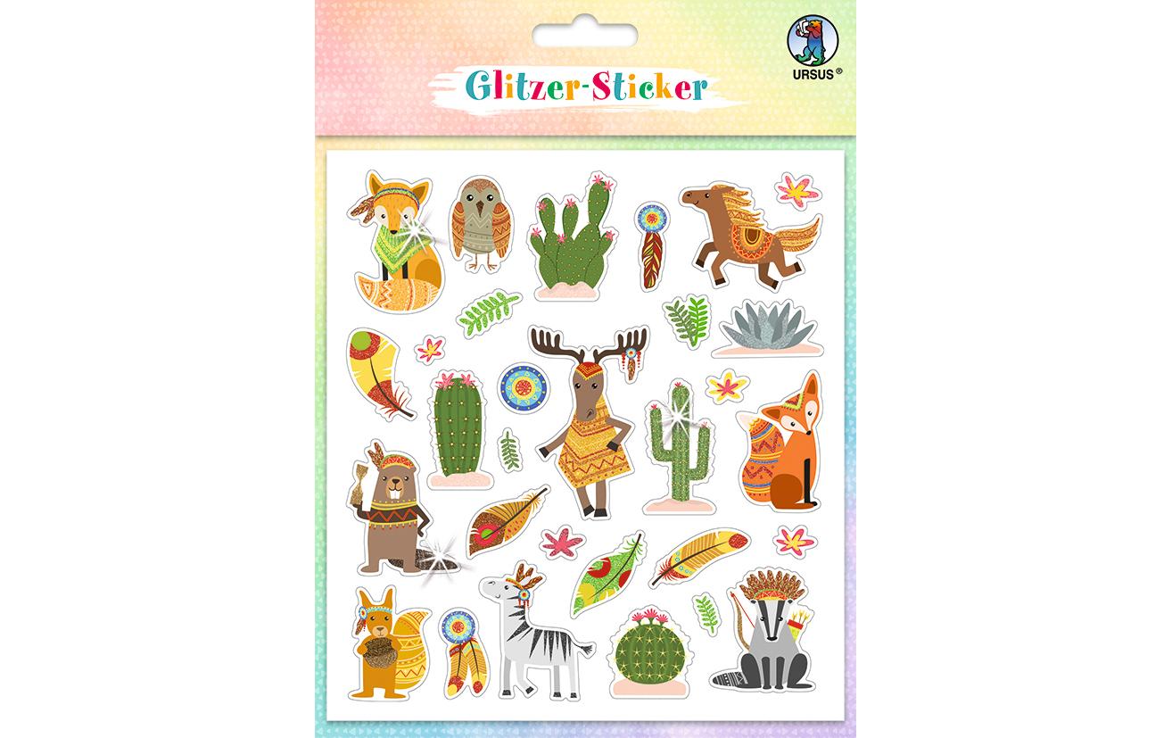 URSUS Glitzer Sticker – 15 × 16,5 cm, mehrfarbig, Tiermuster, glänzend – 1 Bogen