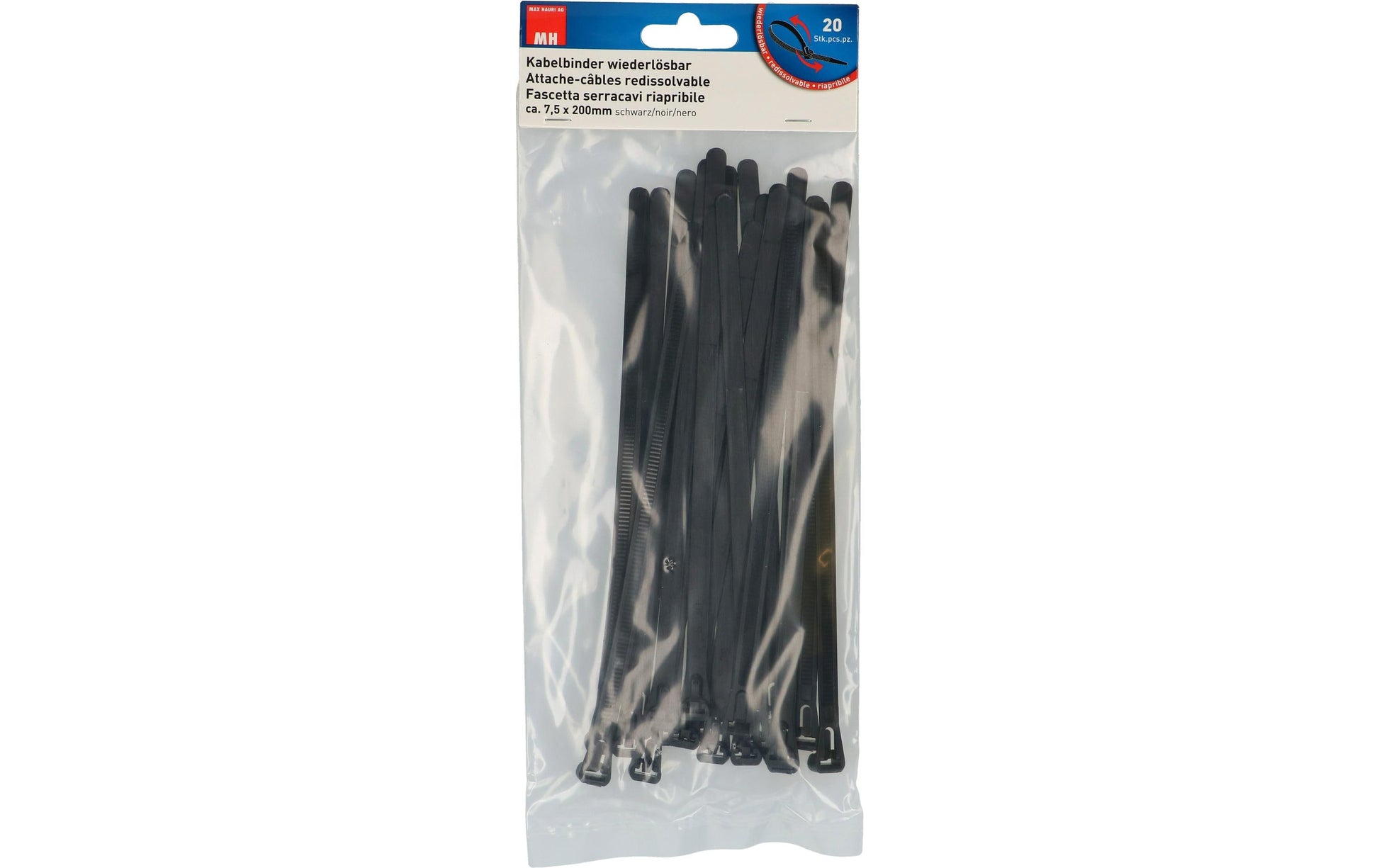 Max Hauri AG Max Hauri Kabelbinder, 7,5×200 mm, 20er-Pack, wiederverwendbar – schwarz