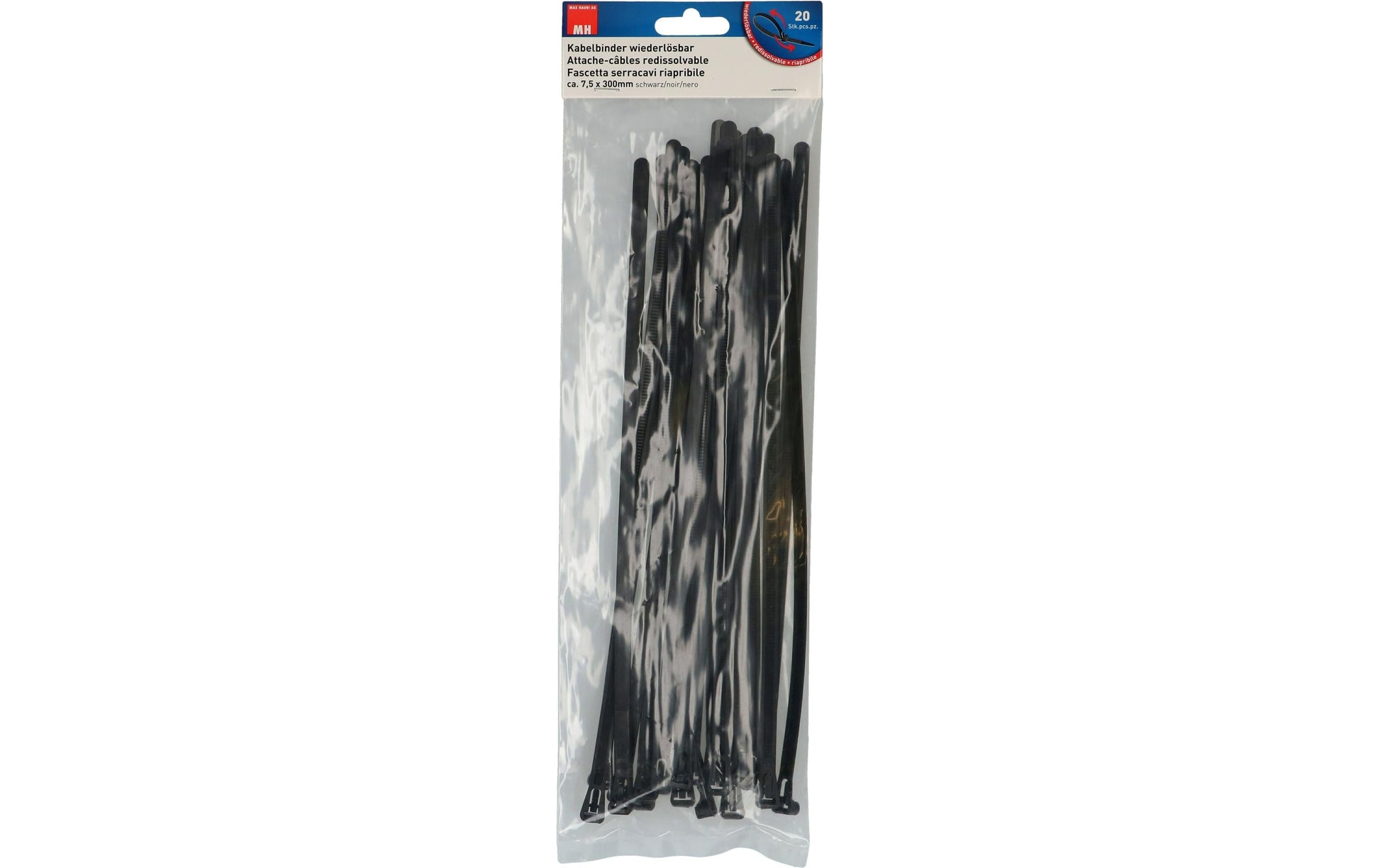 Max Hauri AG Max Hauri Kabelbinder, 300×7,5 mm, 20er-Pack, wiederverwendbar – schwarz