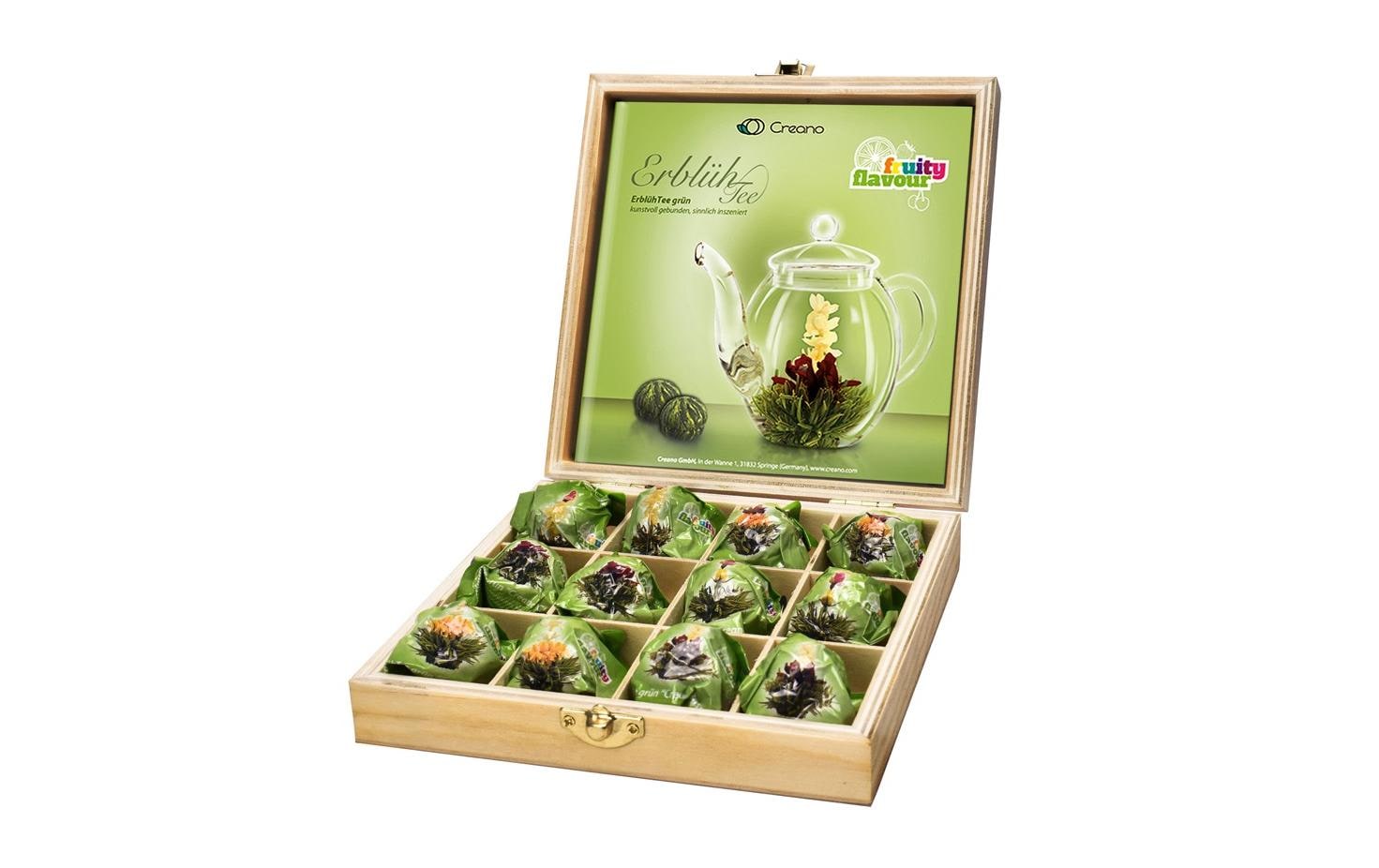 Creano Erblühtee Grüntee – 12 Teeblumen – Holzbox