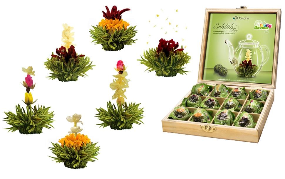 Creano Erblühtee Grüntee – 12 Teeblumen – Holzbox