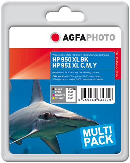 AgfaPhoto APHP950SETXLC Tintenpatronen-Multipack, Schwarz/Cyan/Magenta/Gelb (Kompatibel) – für HP 950